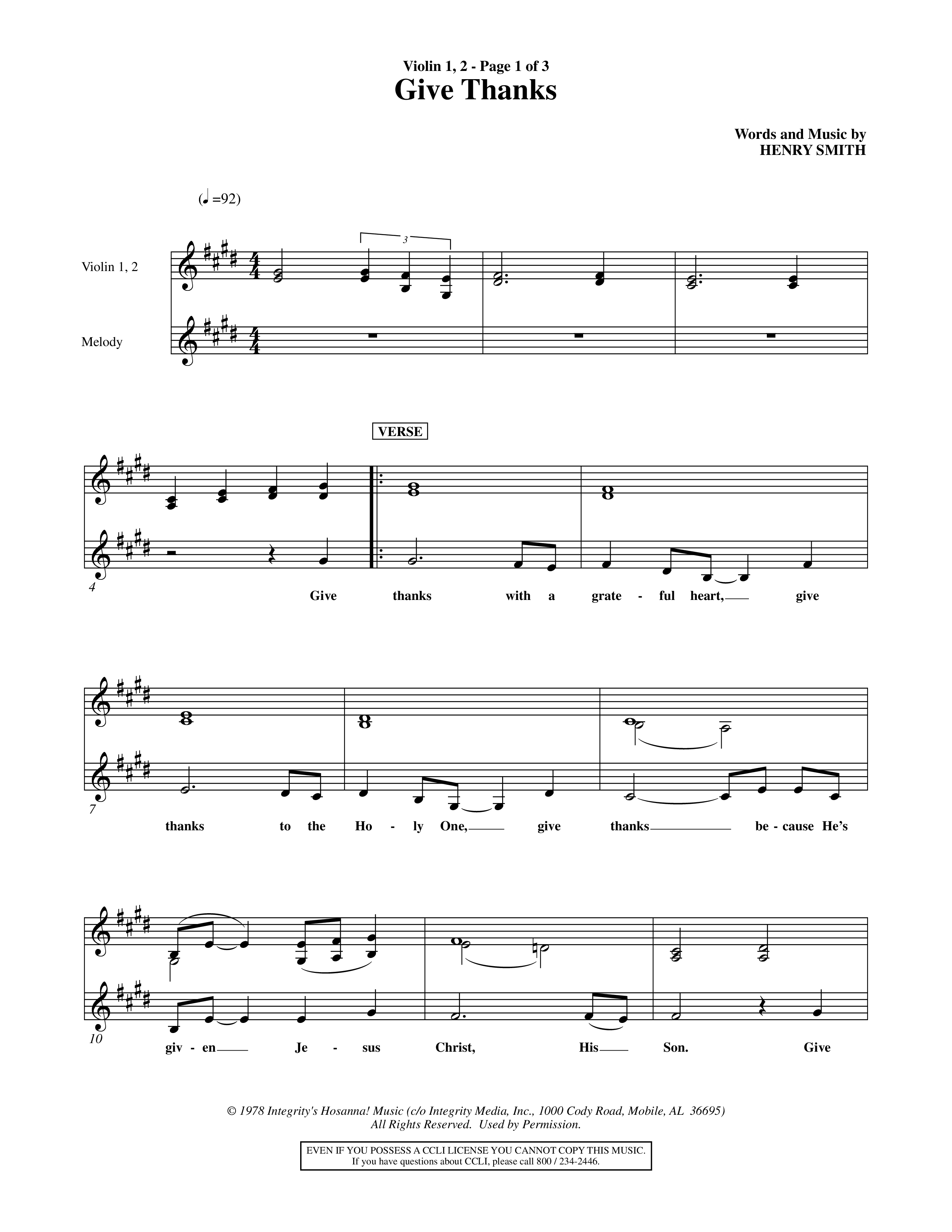 Give Thanks (Choral Anthem SATB) Violin 1/2 (Word Music Choral)