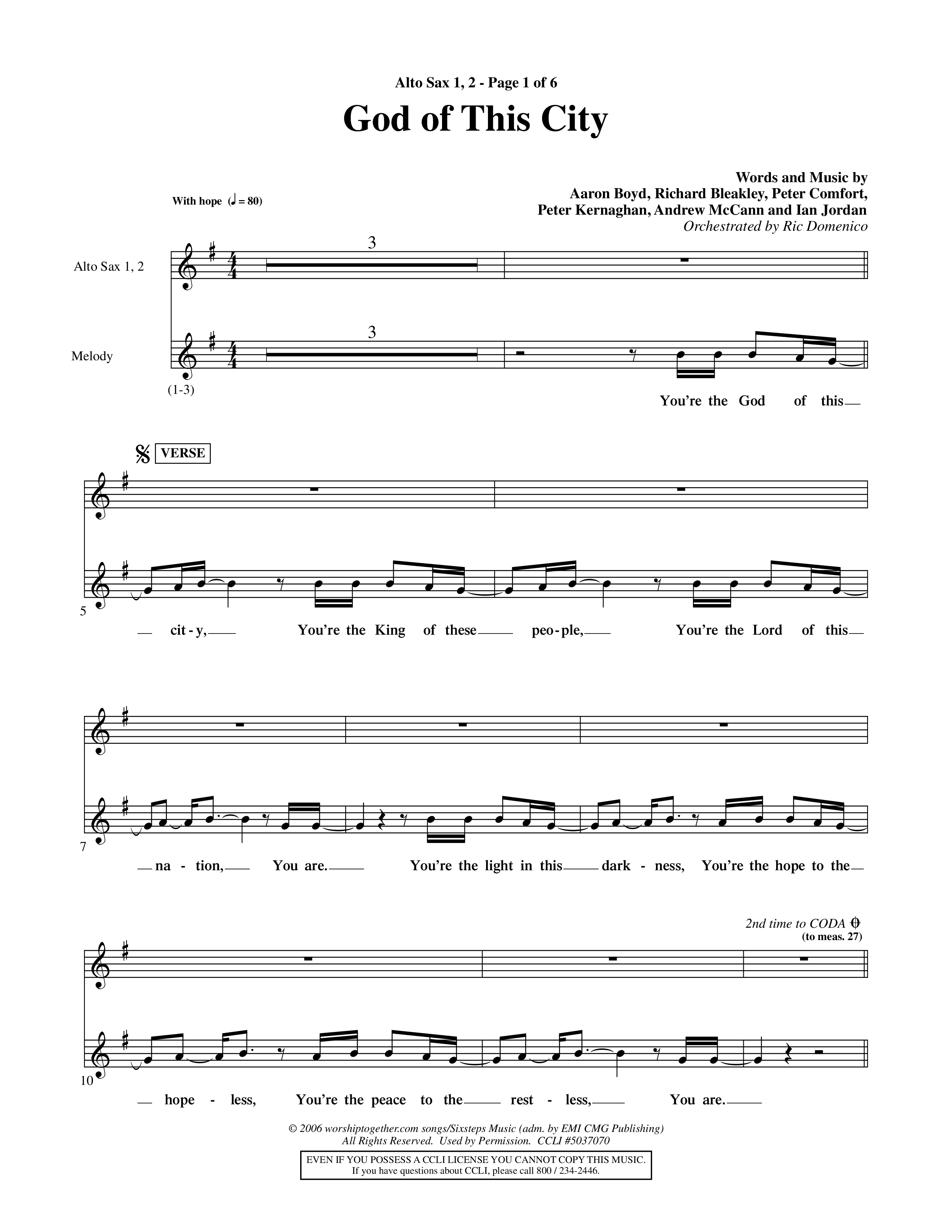 God Of This City (Choral Anthem SATB) Alto Sax 1/2 (Word Music Choral / Orch. Ric Domenico)
