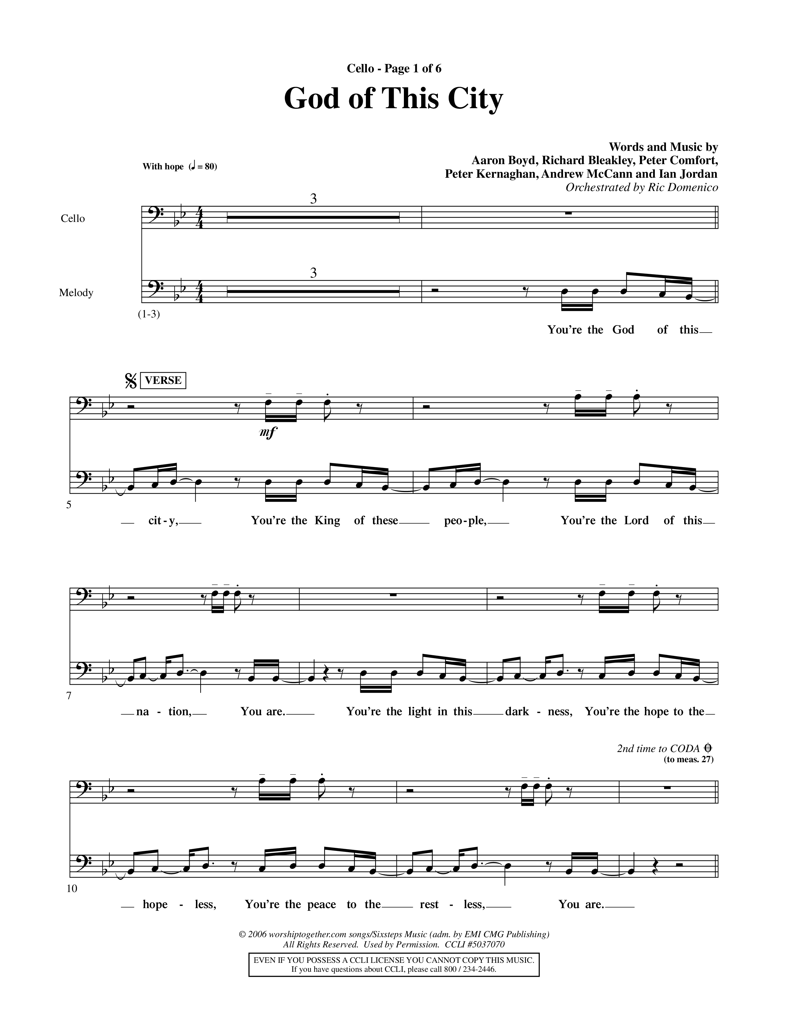 God Of This City (Choral Anthem SATB) Cello (Word Music Choral / Orch. Ric Domenico)