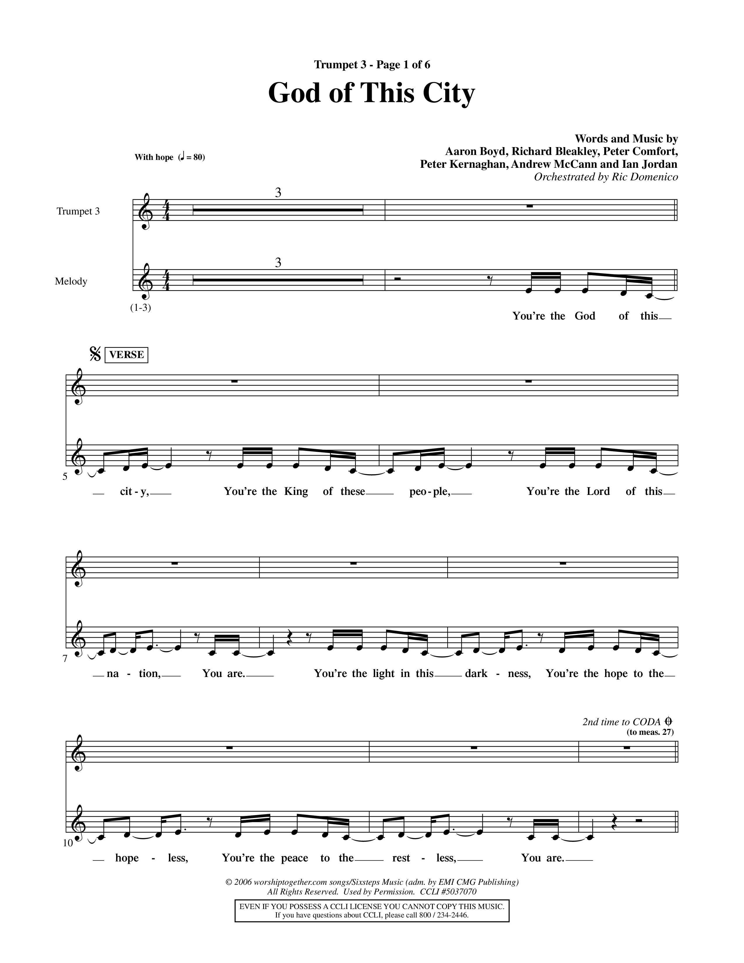 God Of This City (Choral Anthem SATB) Trumpet 3 (Word Music Choral / Orch. Ric Domenico)