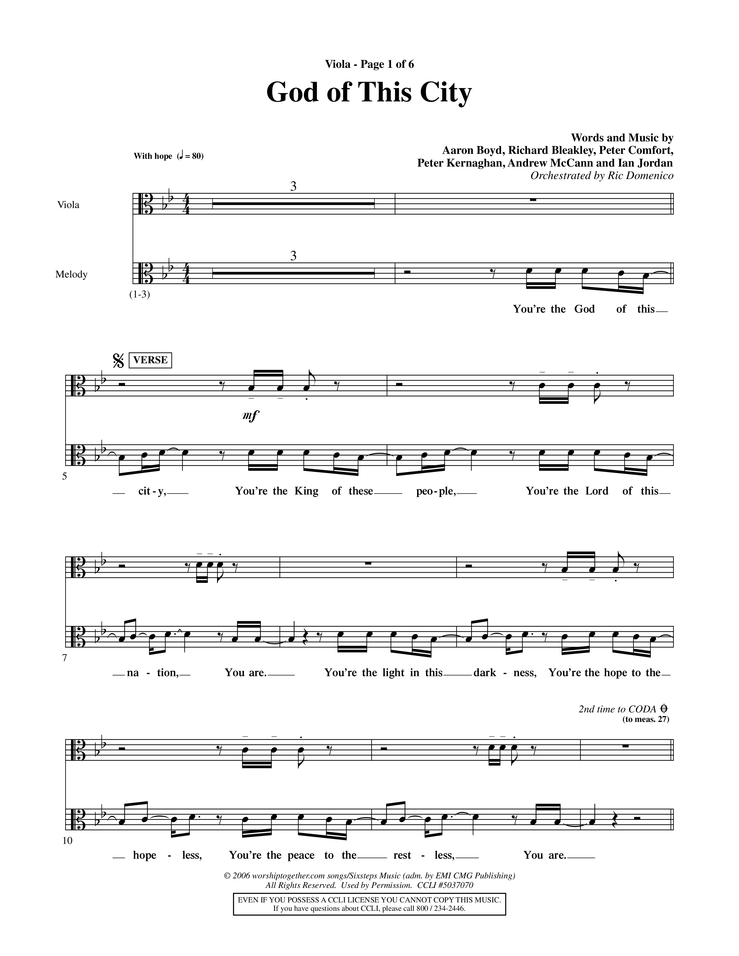 God Of This City (Choral Anthem SATB) Viola (Word Music Choral / Orch. Ric Domenico)