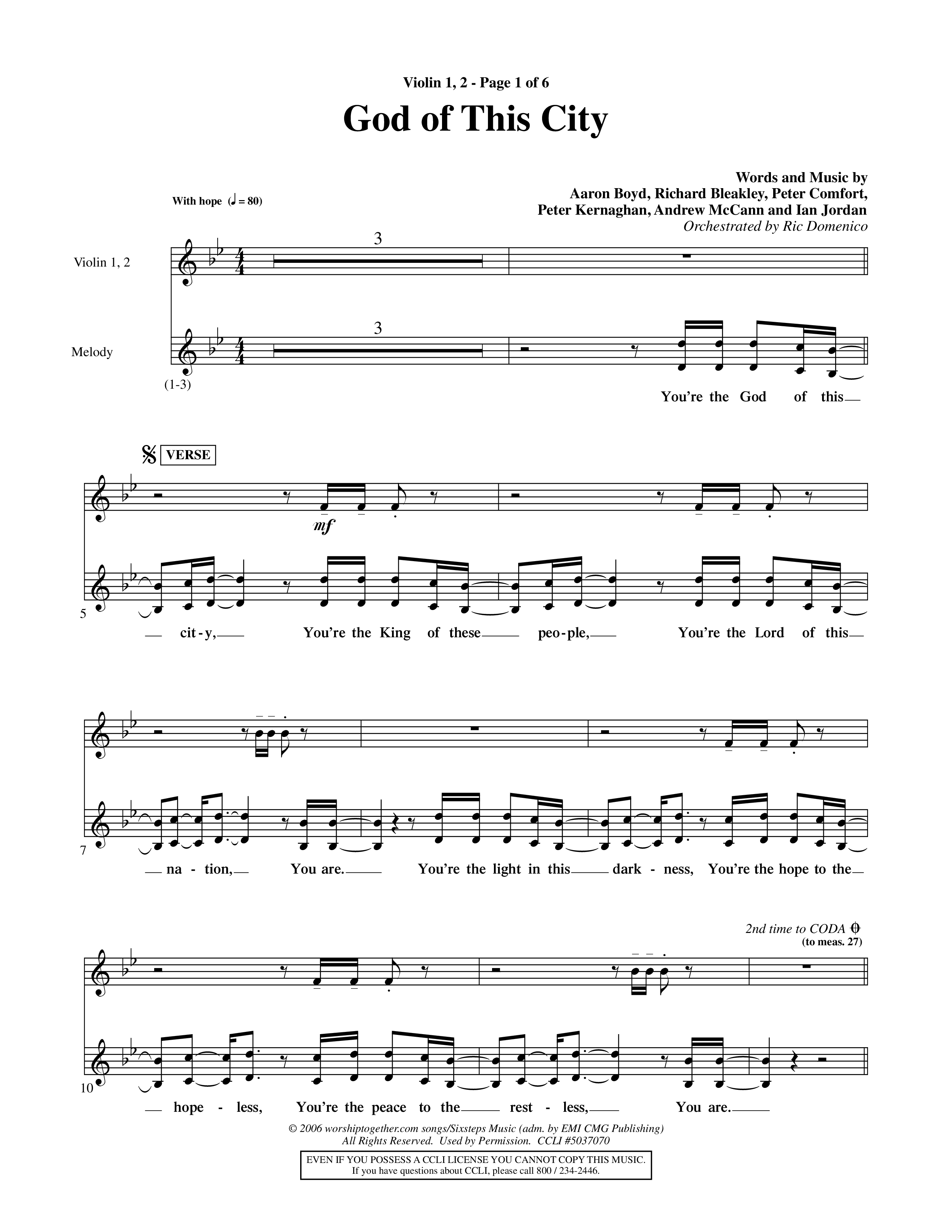 God Of This City (Choral Anthem SATB) Violin 1/2 (Word Music Choral / Orch. Ric Domenico)