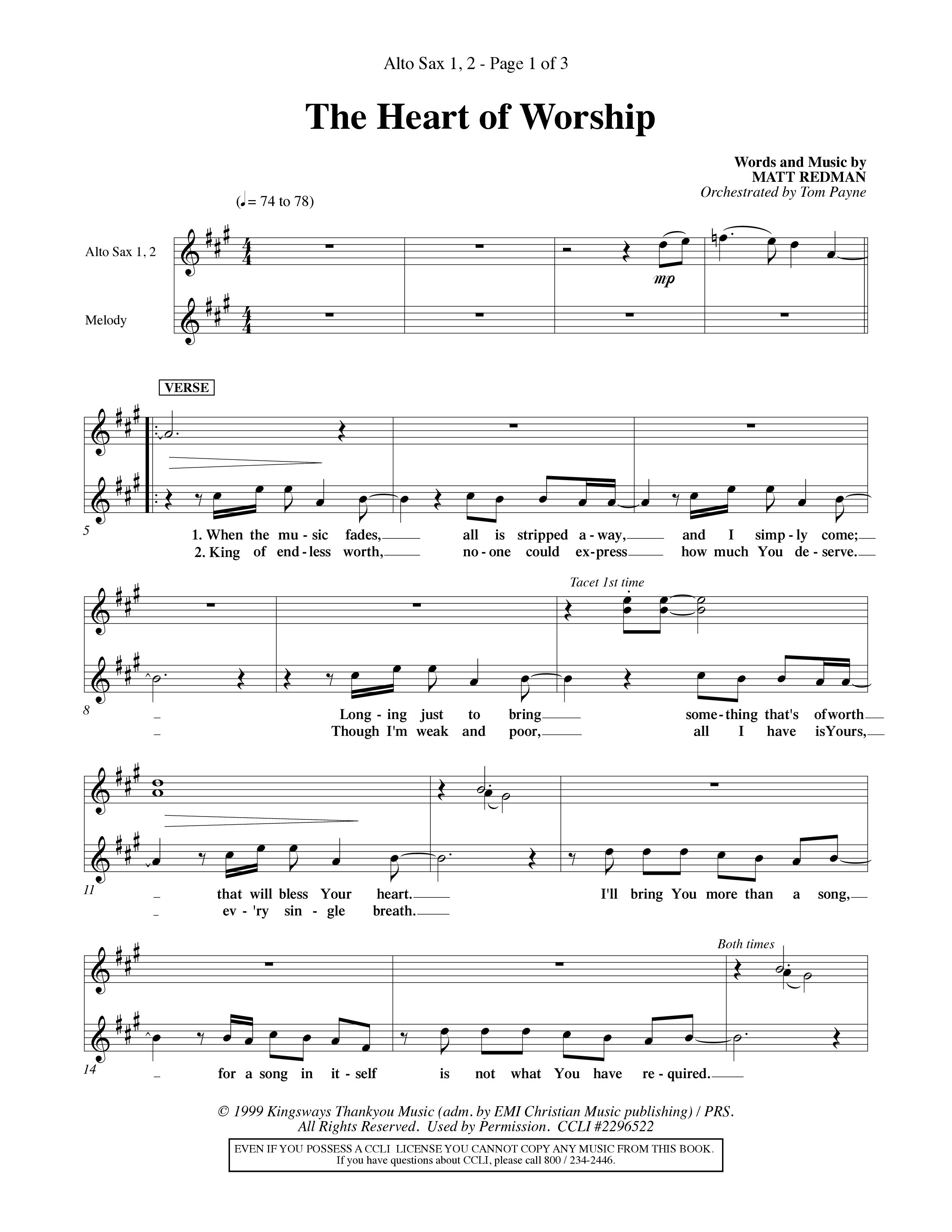 The Heart Of Worship (Choral Anthem SATB) Alto Sax 1/2 (Word Music Choral / Orch. Tom Payne)