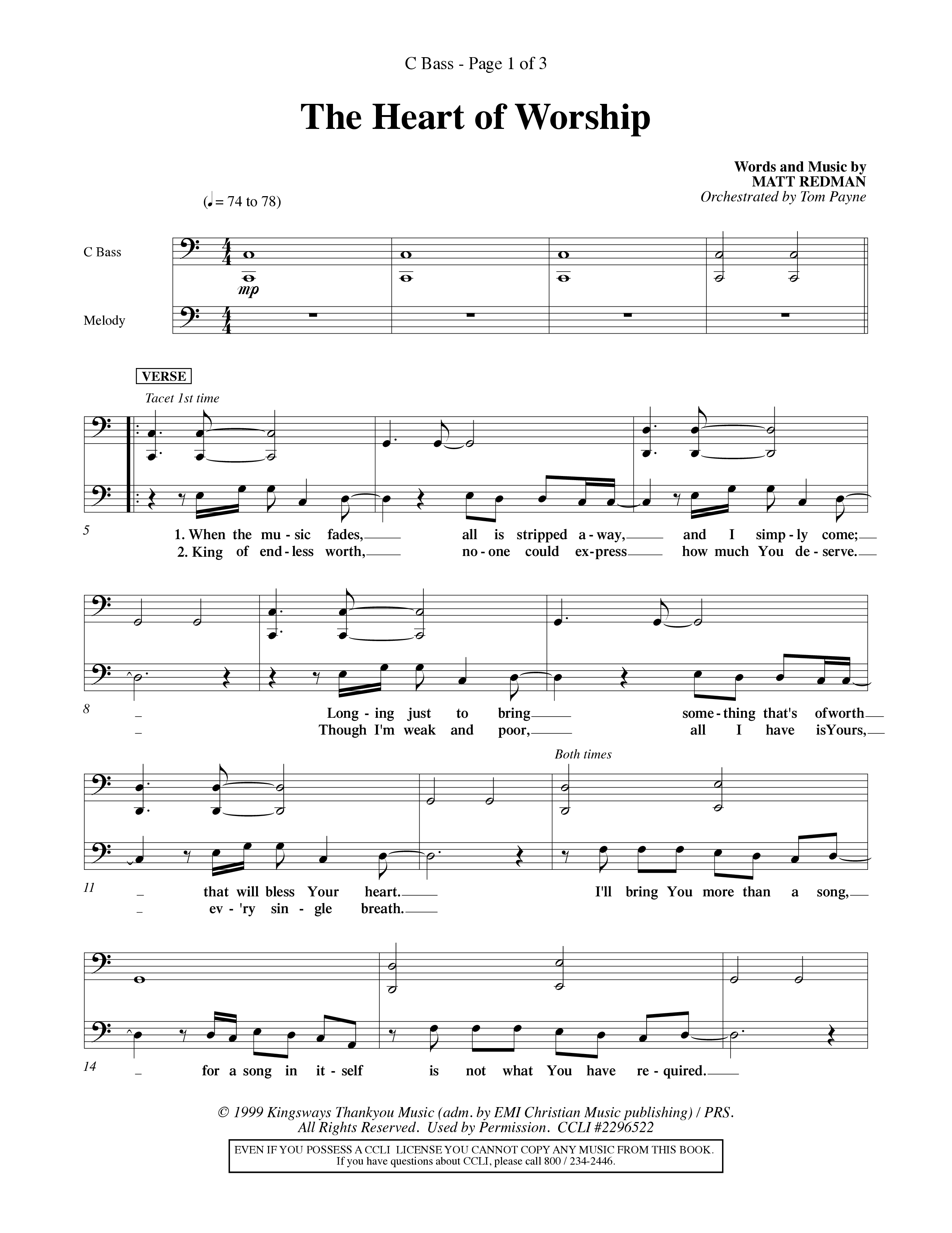 The Heart Of Worship (Choral Anthem SATB) Contrabass (Word Music Choral / Orch. Tom Payne)