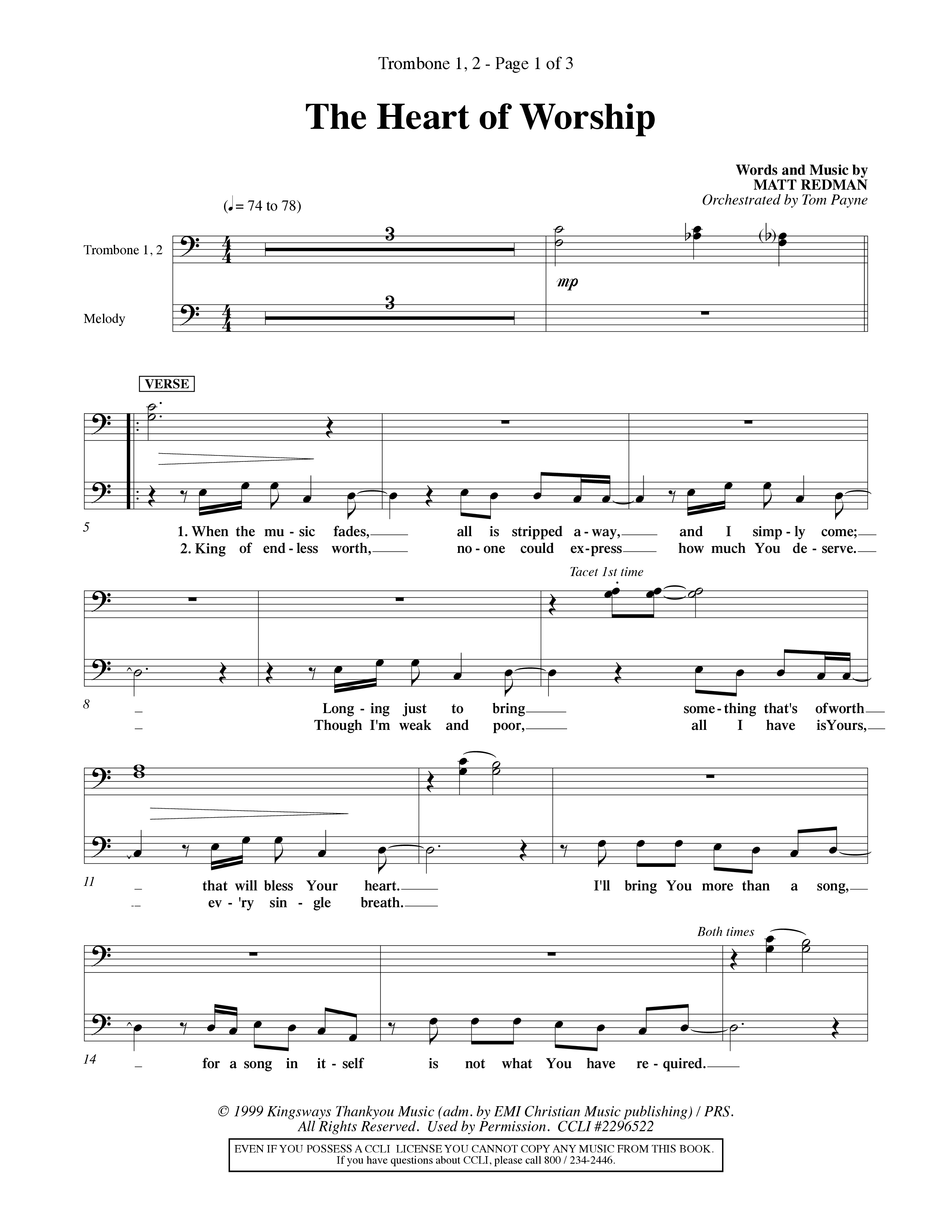 The Heart Of Worship (Choral Anthem SATB) Trombone 1/2 (Word Music Choral / Orch. Tom Payne)