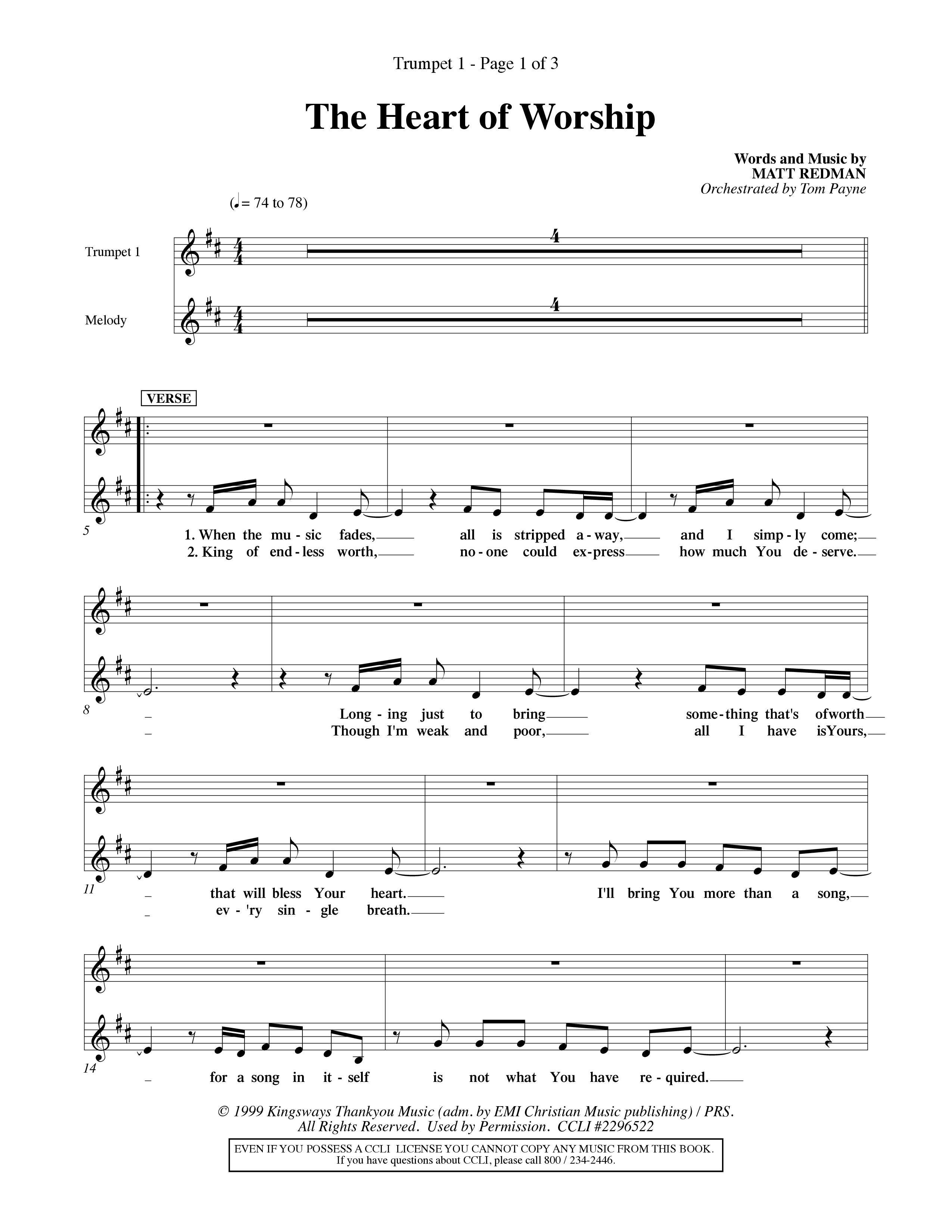 The Heart Of Worship (Choral Anthem SATB) Trumpet 1 (Word Music Choral / Orch. Tom Payne)
