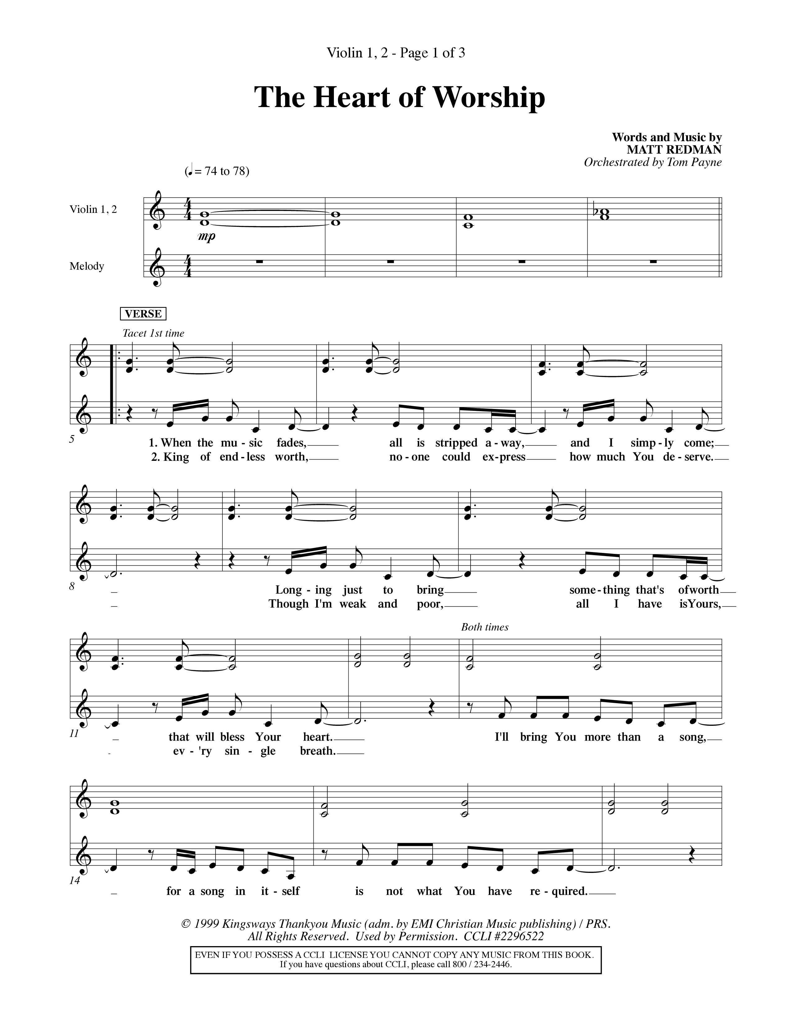 The Heart Of Worship (Choral Anthem SATB) Violin 1/2 (Word Music Choral / Orch. Tom Payne)