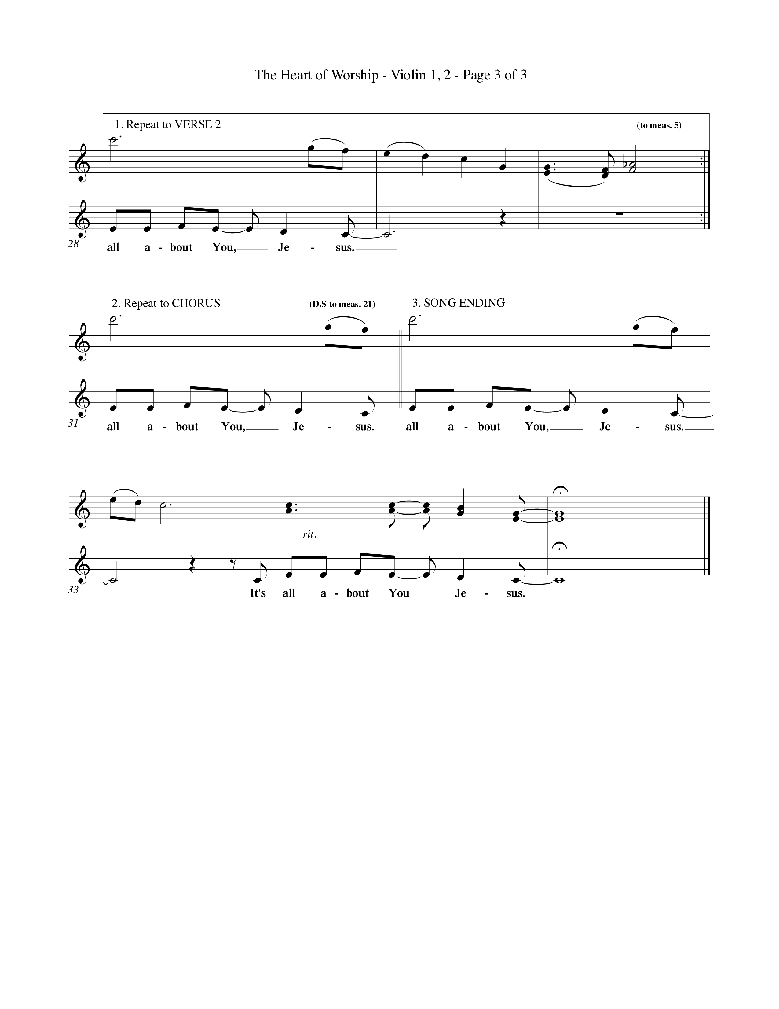 The Heart Of Worship (Choral Anthem SATB) Violin 1/2 (Word Music Choral / Orch. Tom Payne)