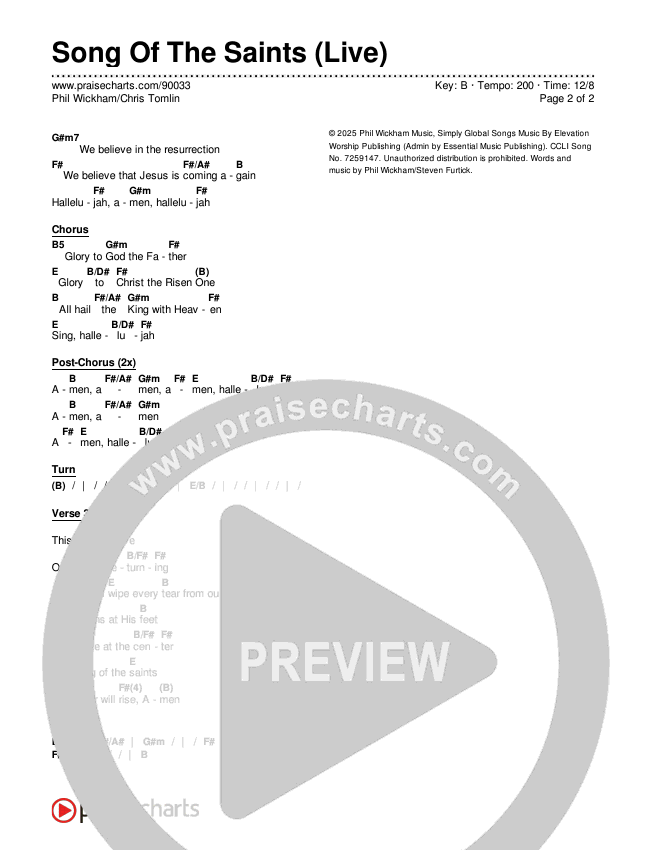 Song Of The Saints (Live) Chords & Lyrics (Phil Wickham / Chris Tomlin)