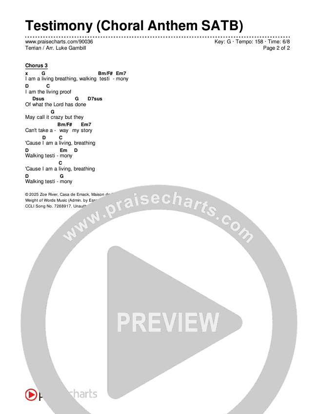 Testimony (Choral Anthem SATB) Chords & Lyrics (Terrian / Arr. Luke Gambill)