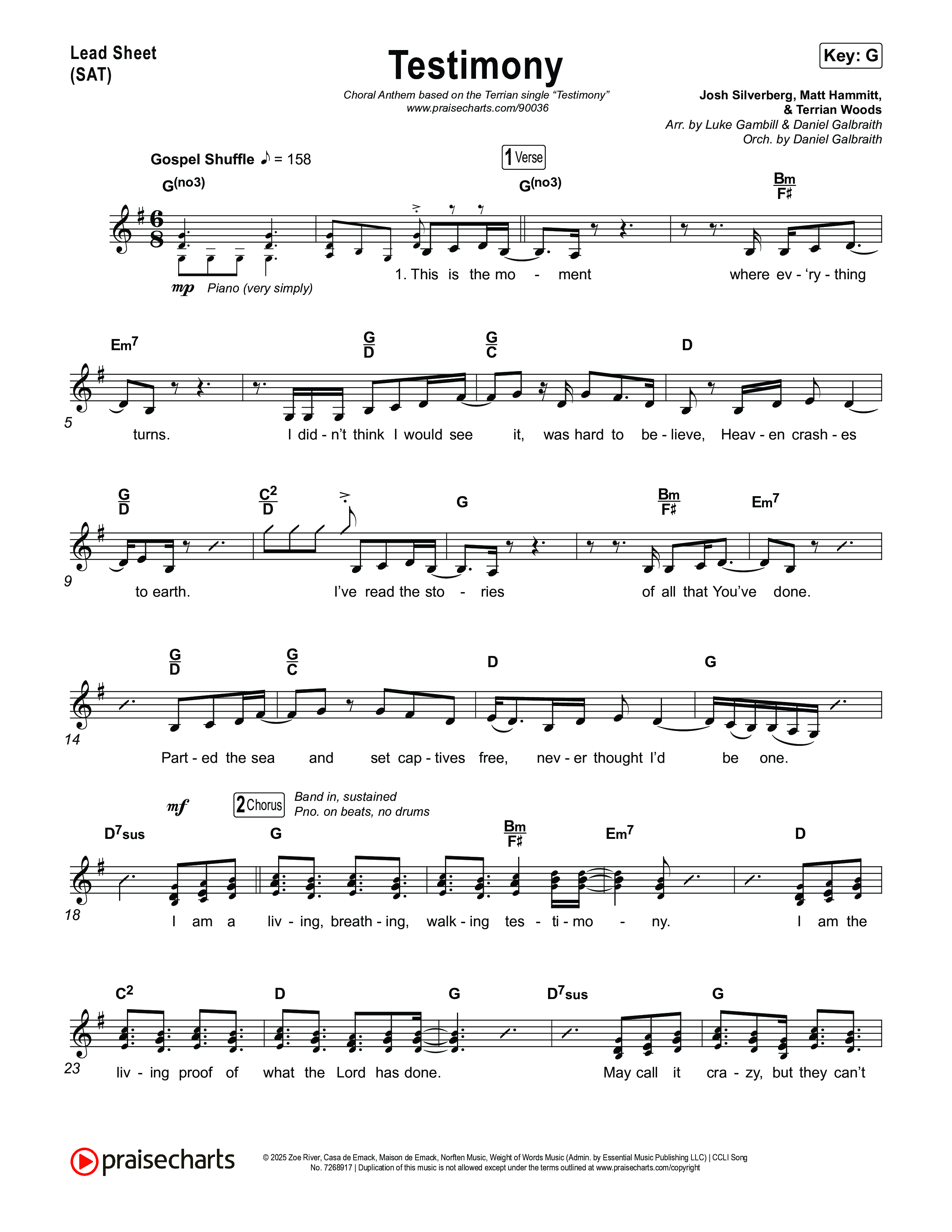 Testimony (Choral Anthem SATB) Lead Sheet (SAT) (Terrian / Arr. Luke Gambill)