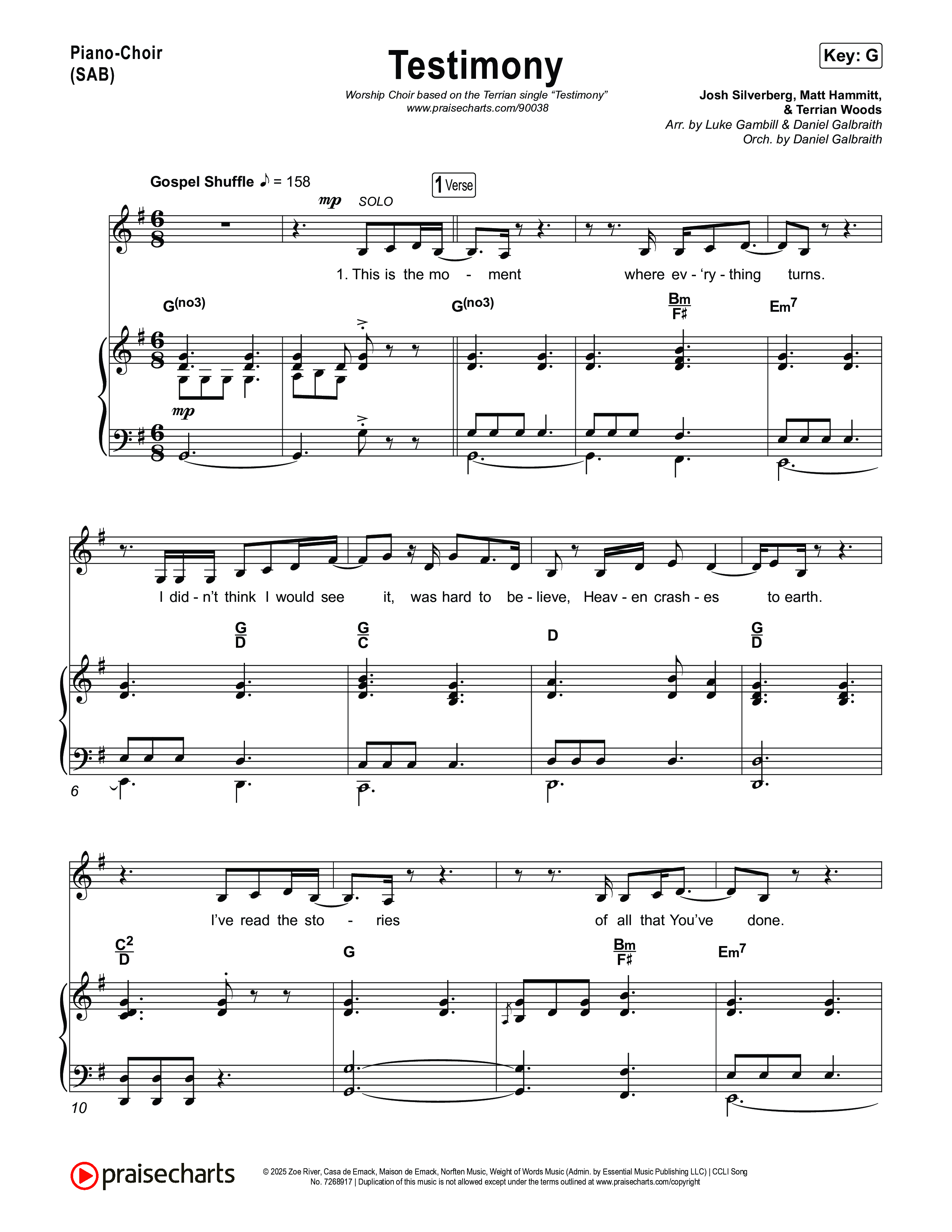 Testimony (Worship Choir/SAB) Piano/Choir (SAB) (Terrian / Arr. Luke Gambill)