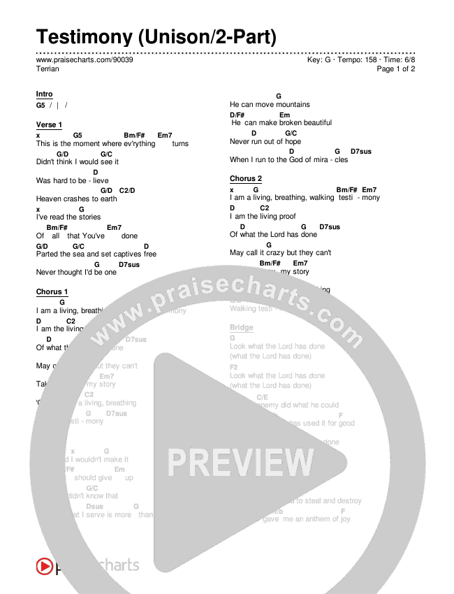 Testimony (Unison/2-Part) Chords & Lyrics (Terrian / Arr. Luke Gambill)