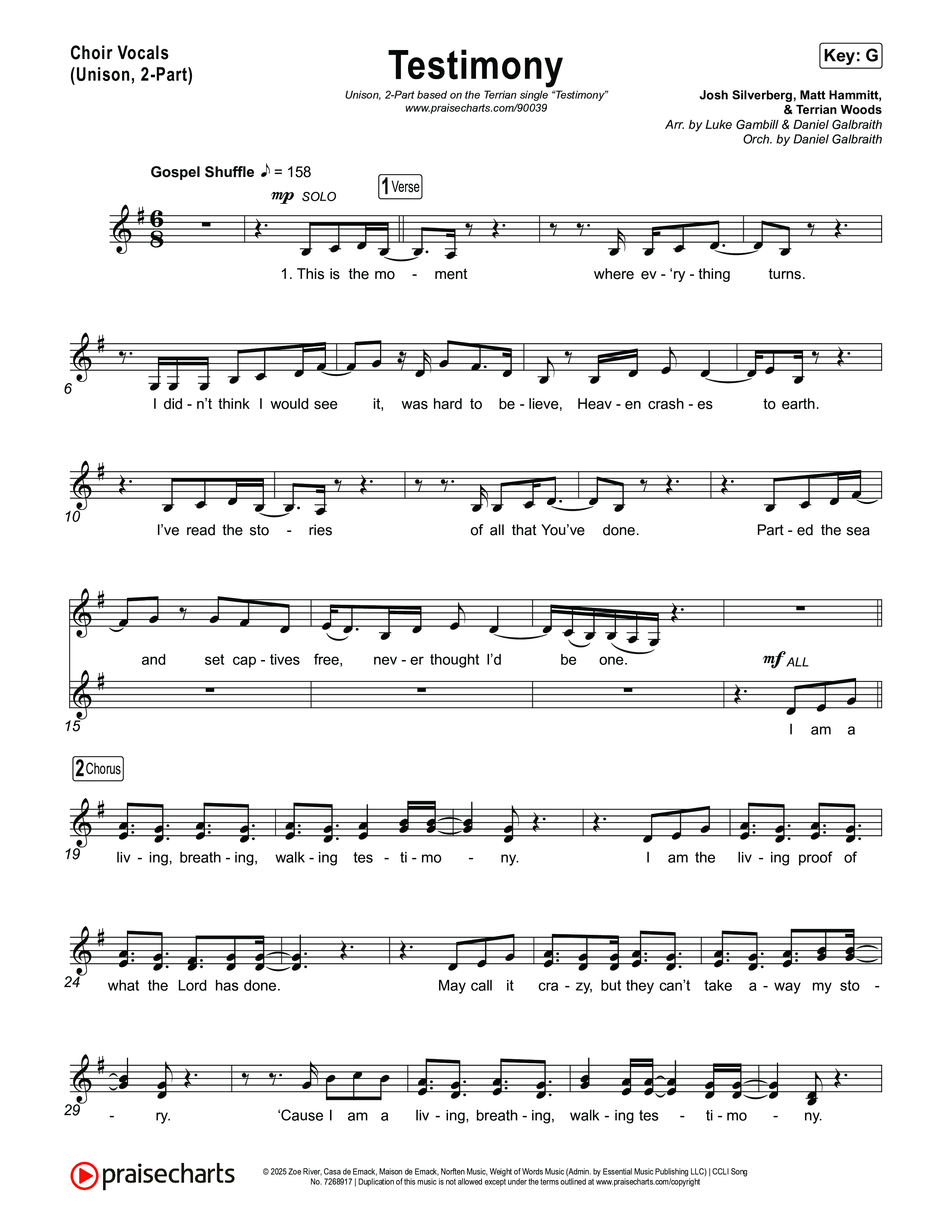 Testimony (Unison/2-Part) Choir Vocals (Uni/2-Part) (Terrian / Arr. Luke Gambill)