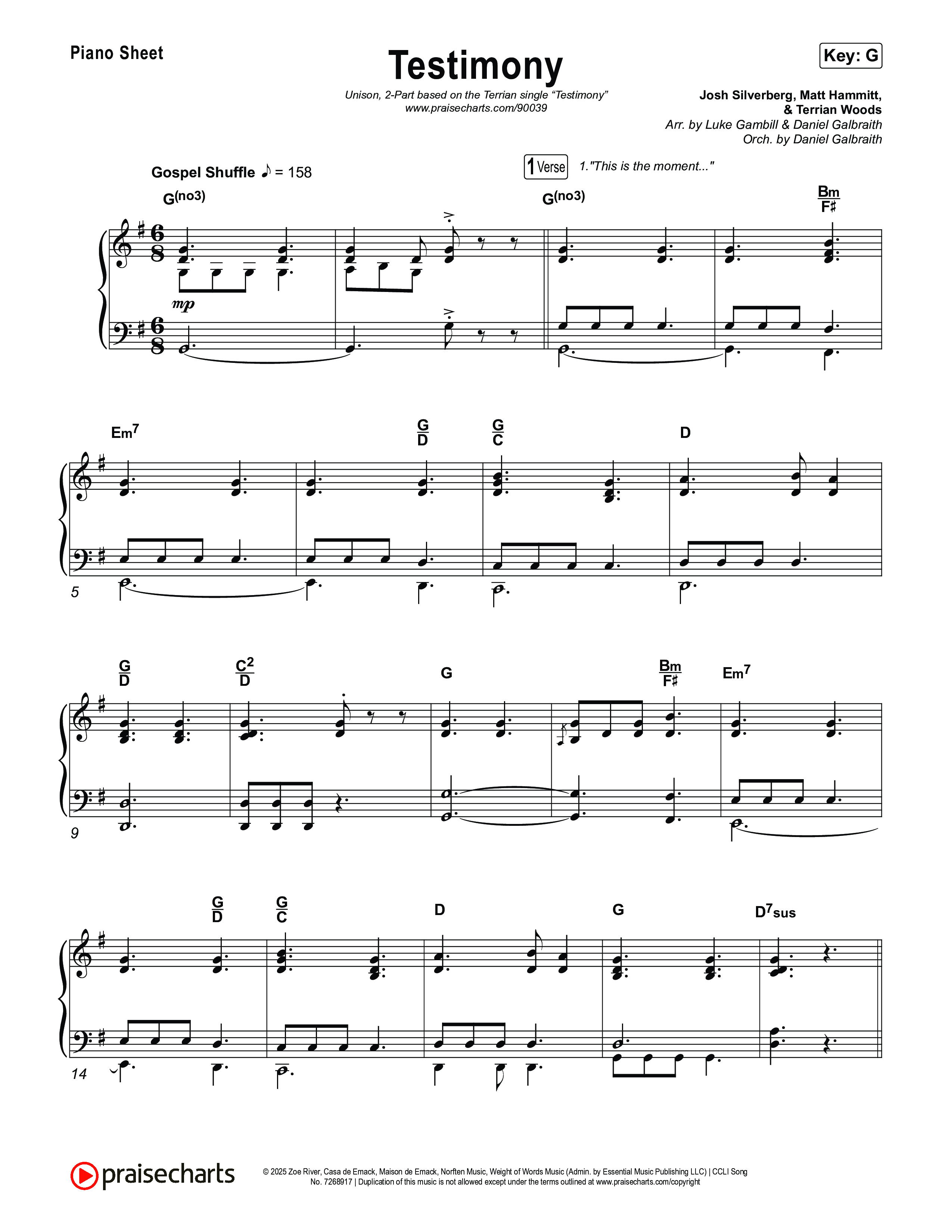 Testimony (Unison/2-Part) Piano Sheet (Terrian / Arr. Luke Gambill)