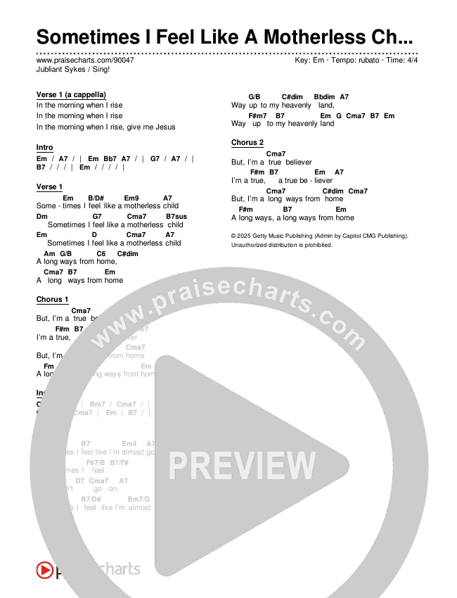 Sometimes I Feel Like A Motherless Child (Give Me Jesus) Chords & Lyrics (Jubliant Sykes / Sing!)