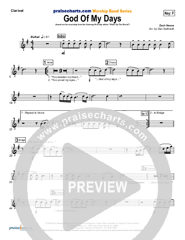 God Of My Days Clarinet (Gateway Worship)