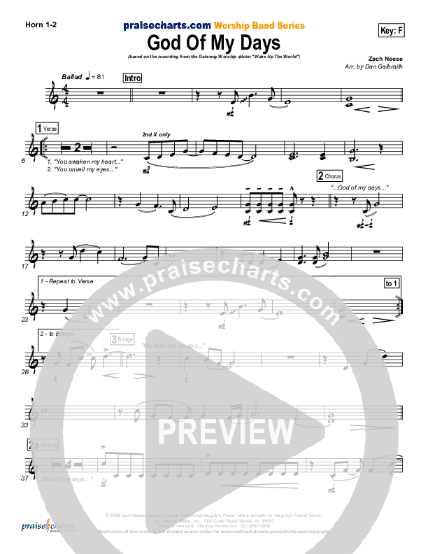 God Of My Days French Horn 1/2 (Gateway Worship)