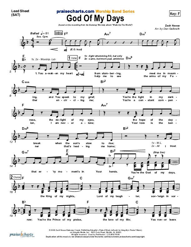 God Of My Days Lead Sheet (Gateway Worship)
