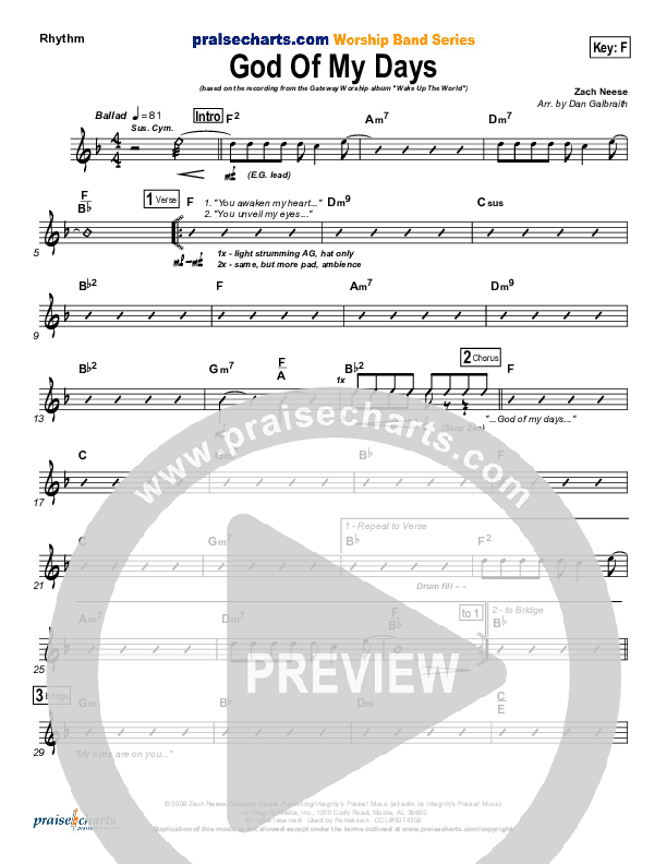 God Of My Days Rhythm Chart (Gateway Worship)