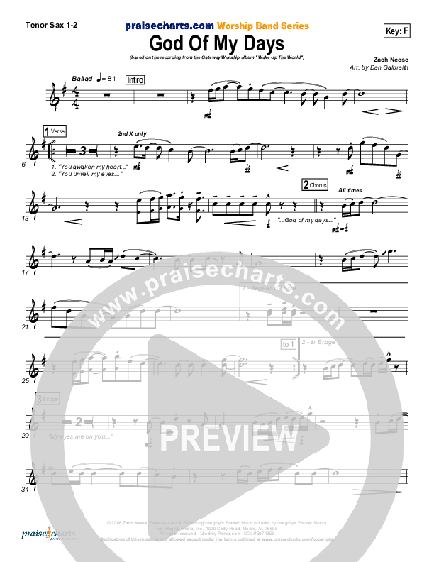 God Of My Days Tenor Sax 1/2 (Gateway Worship)