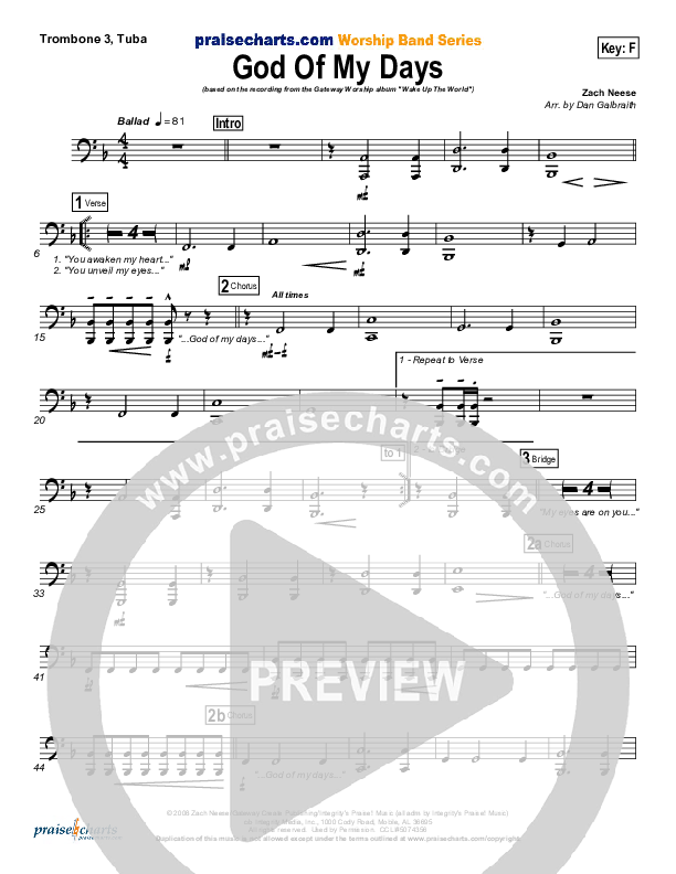 God Of My Days Trombone 3/Tuba (Gateway Worship)