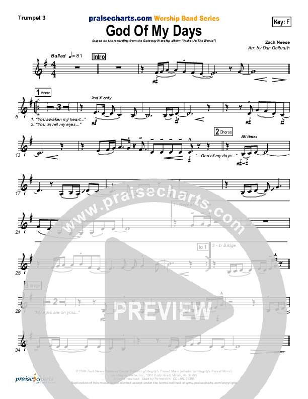 God Of My Days Trumpet 3 (Gateway Worship)