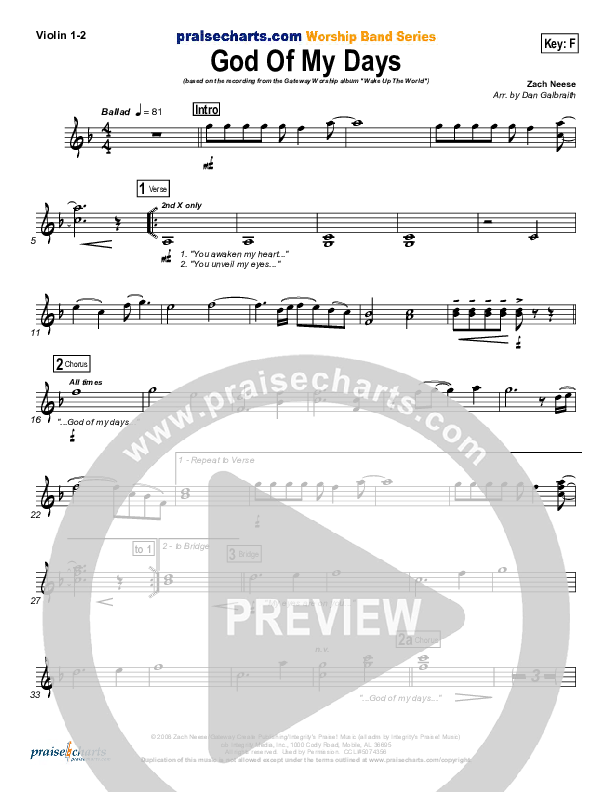 God Of My Days Violin 1/2 (Gateway Worship)