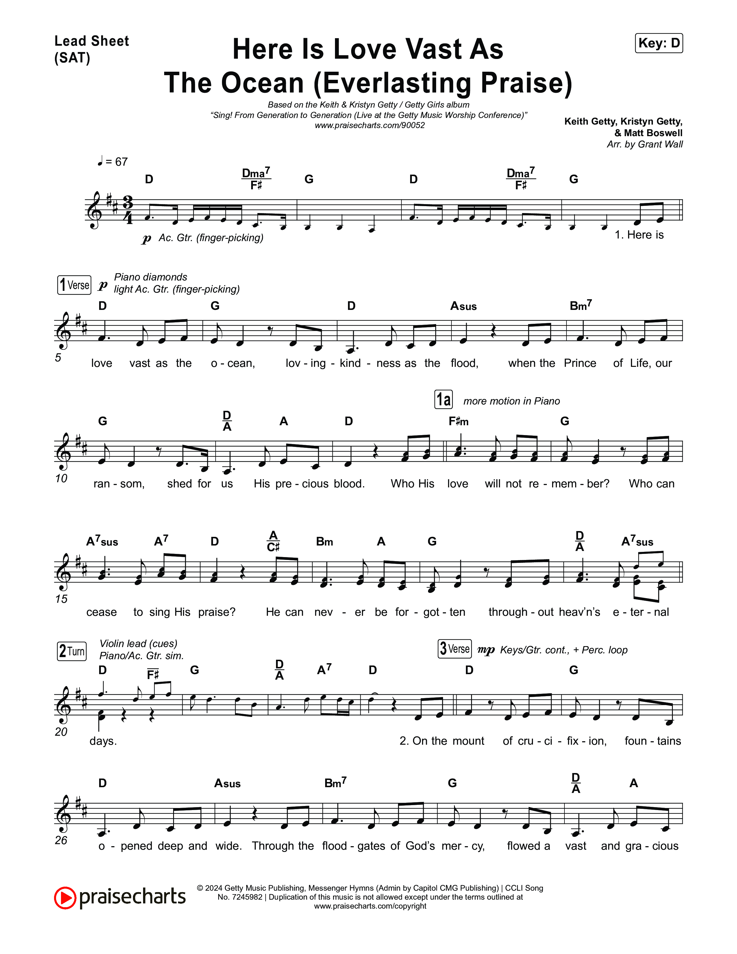 Here Is Love Vast As The Ocean (Everlasting Praise) Lead Sheet (SAT) (Keith & Kristyn Getty / The Getty Girls / Sing!)