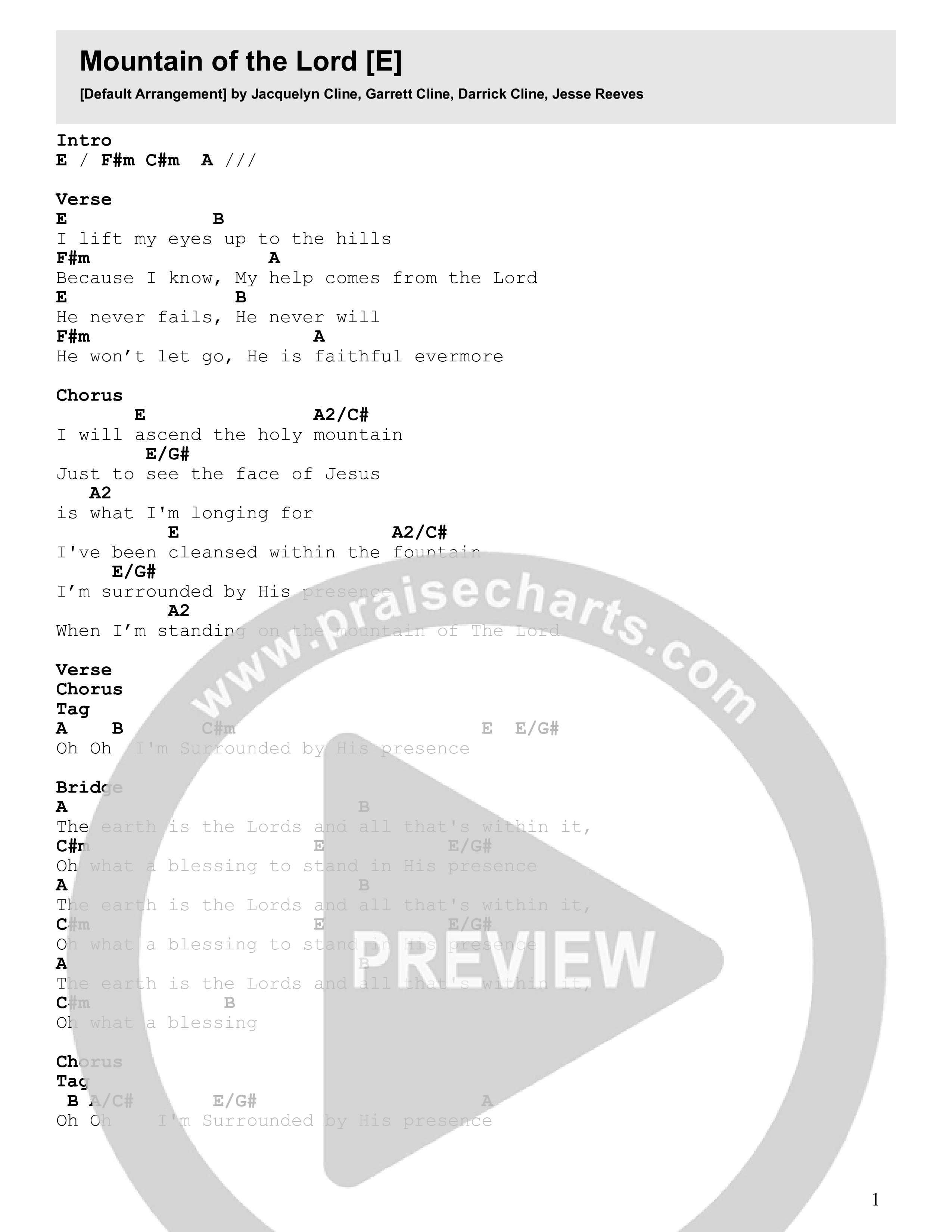 Mountain Of The Lord Chord Chart (CLINE)