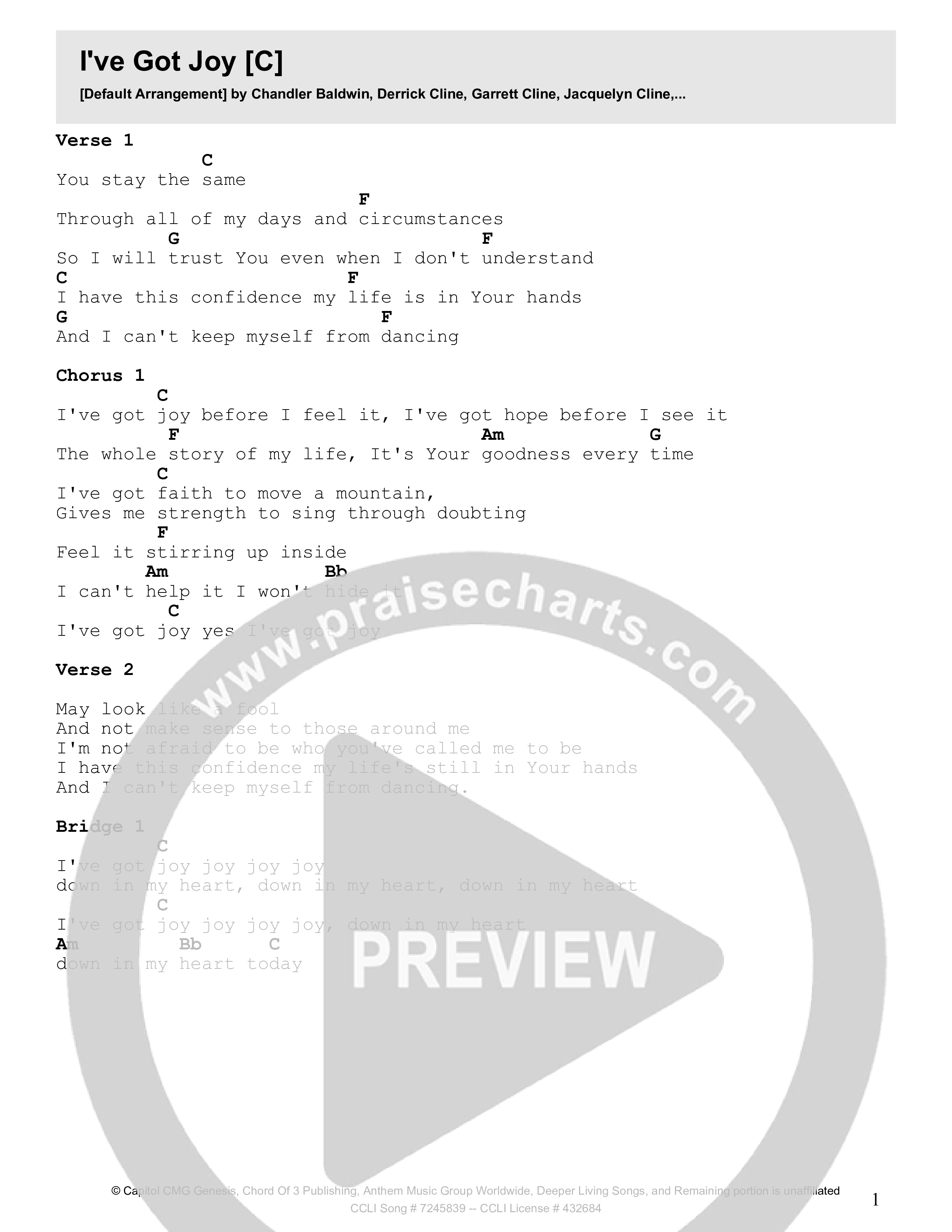 I've Got Joy Chord Chart (CLINE)