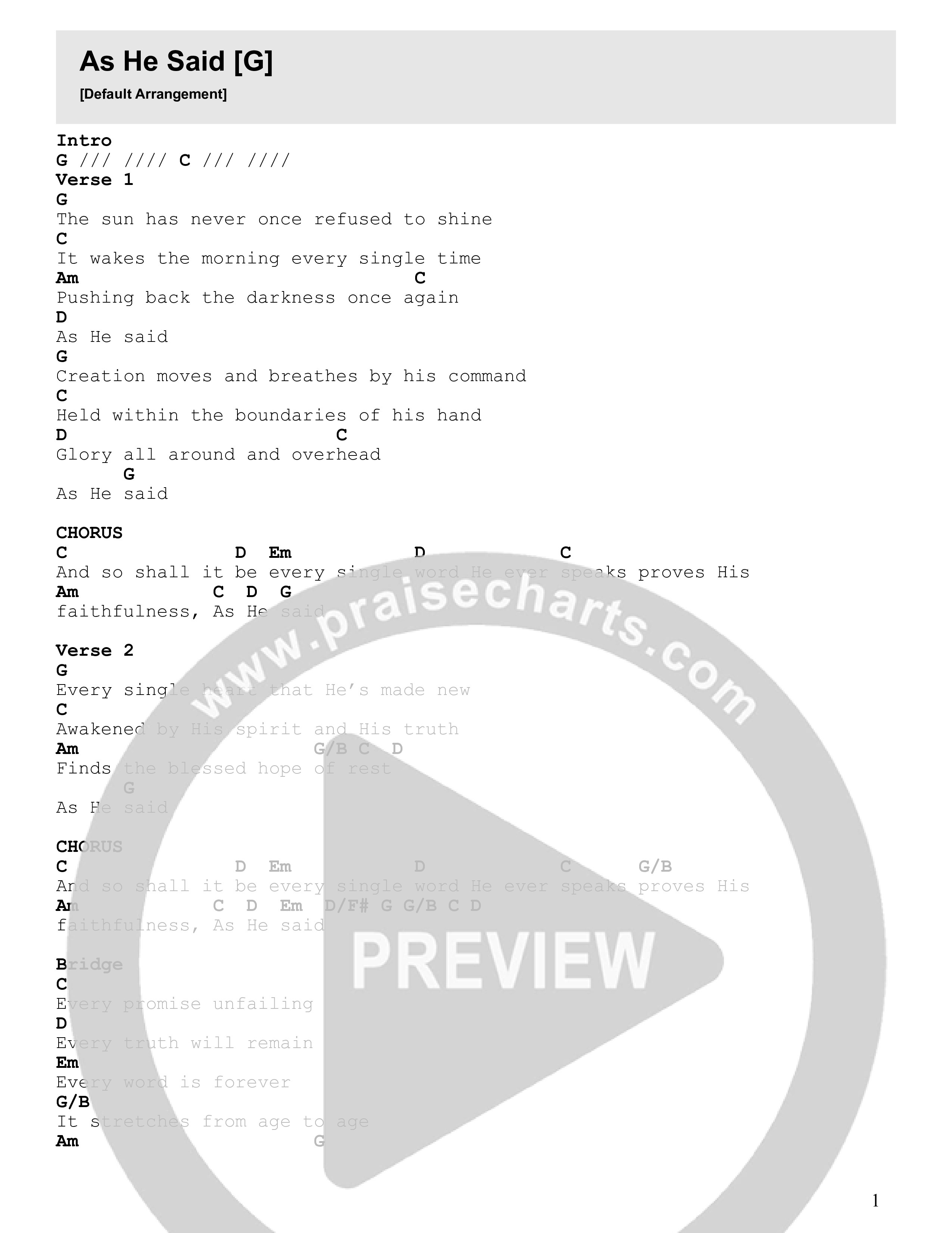 As He Said Chord Chart (CLINE)