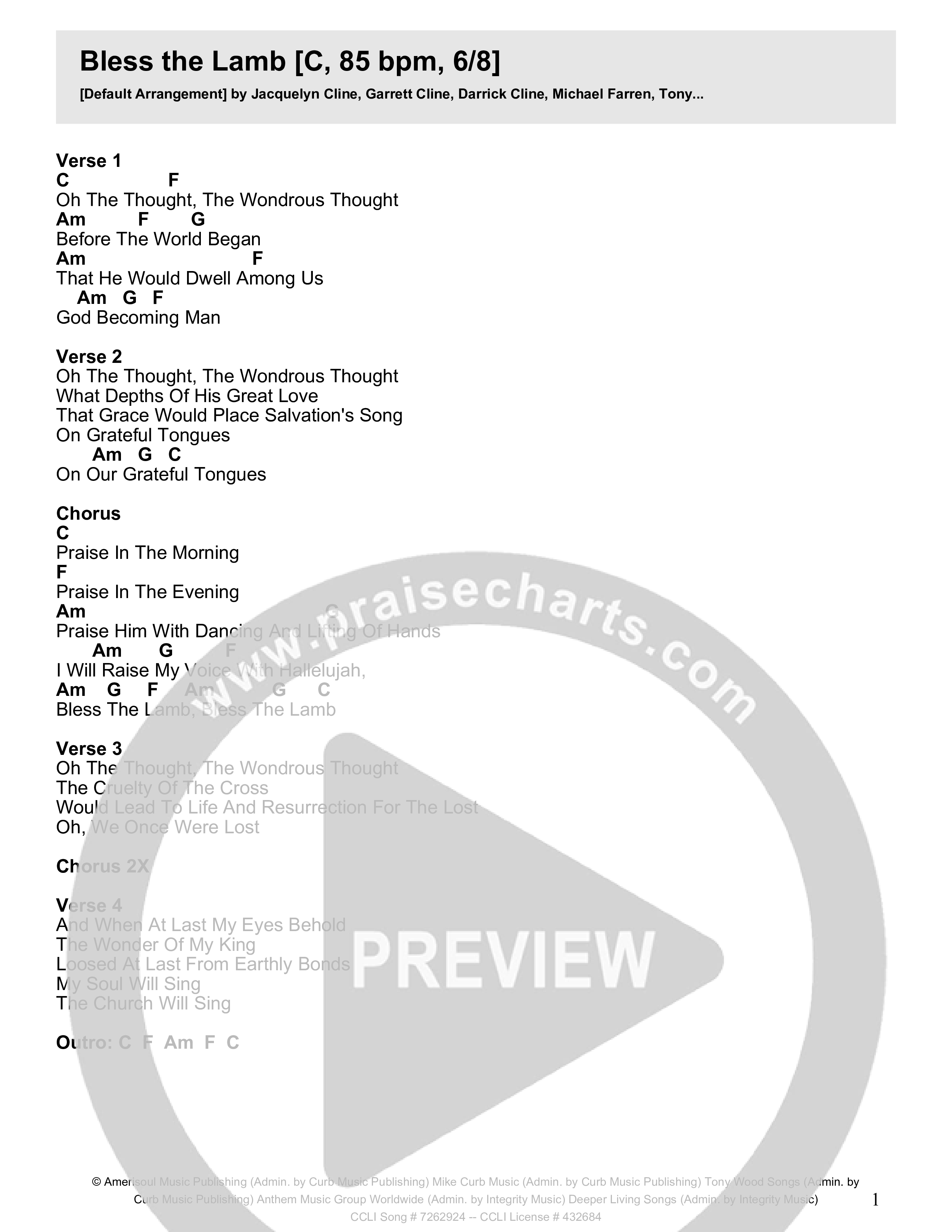 Bless The Lamb Chord Chart (CLINE)