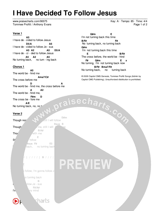 I Have Decided To Follow Jesus Chord Chart (Tommee Profitt / Anthony Evans)