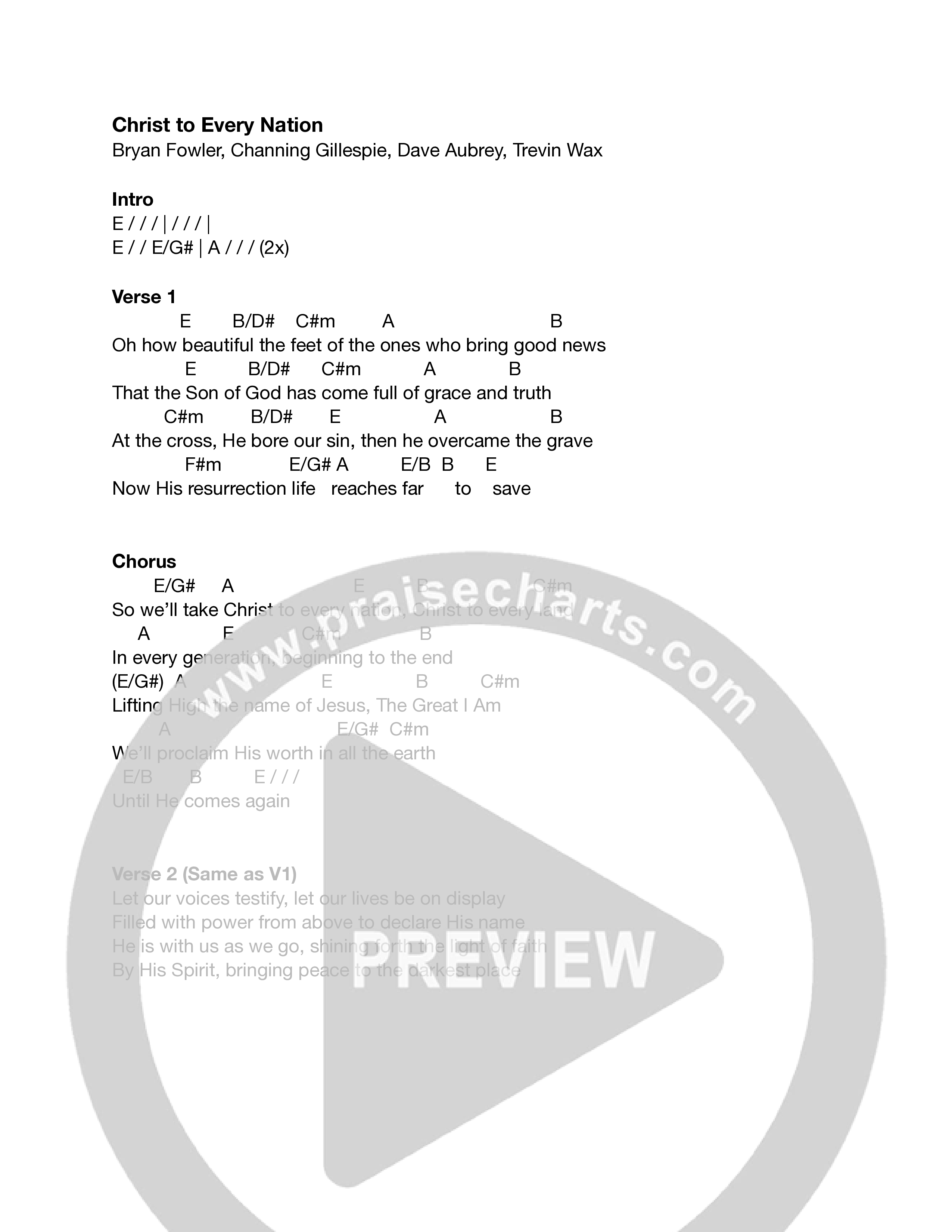 Christ To Every Nation Chord Chart (Stillcreek)