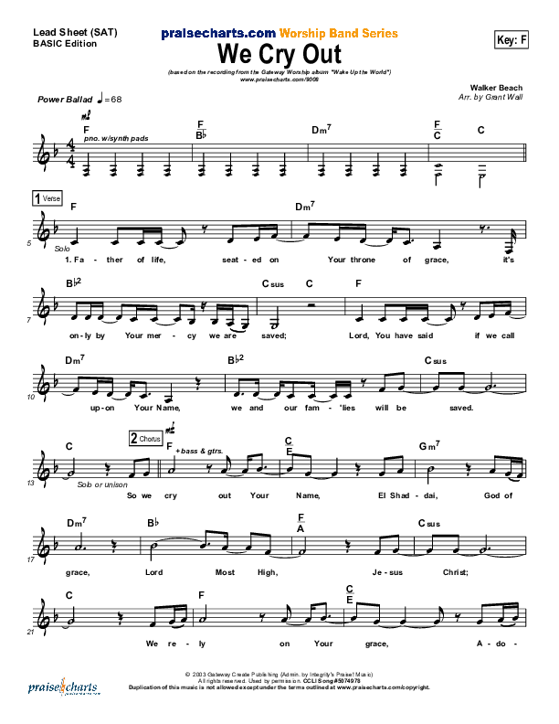 We Cry Out Lead Sheet (SAT) (Gateway Worship)