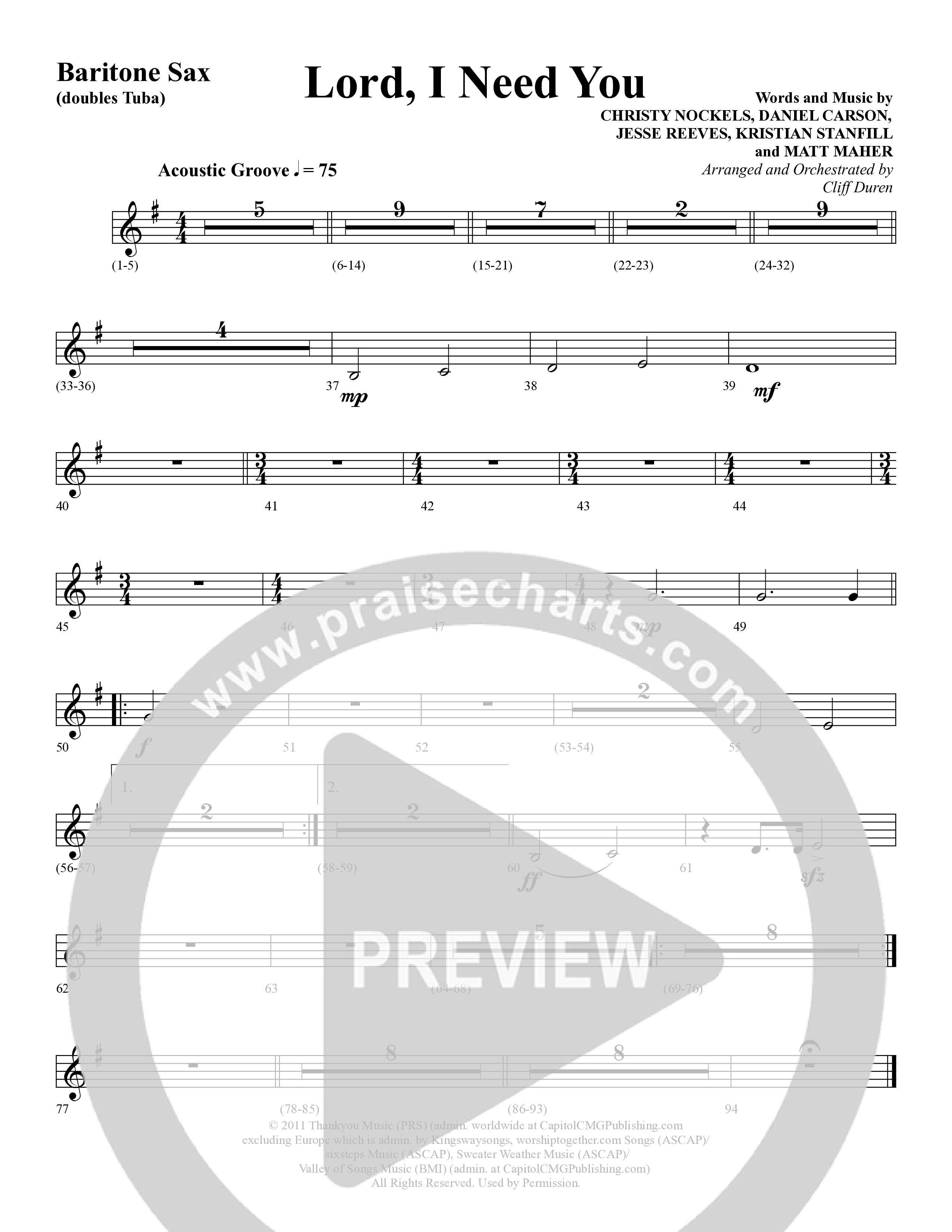 Lord I Need You (Choral Anthem SATB) Bari Sax (Word Music Choral / Arr. Cliff Duren)