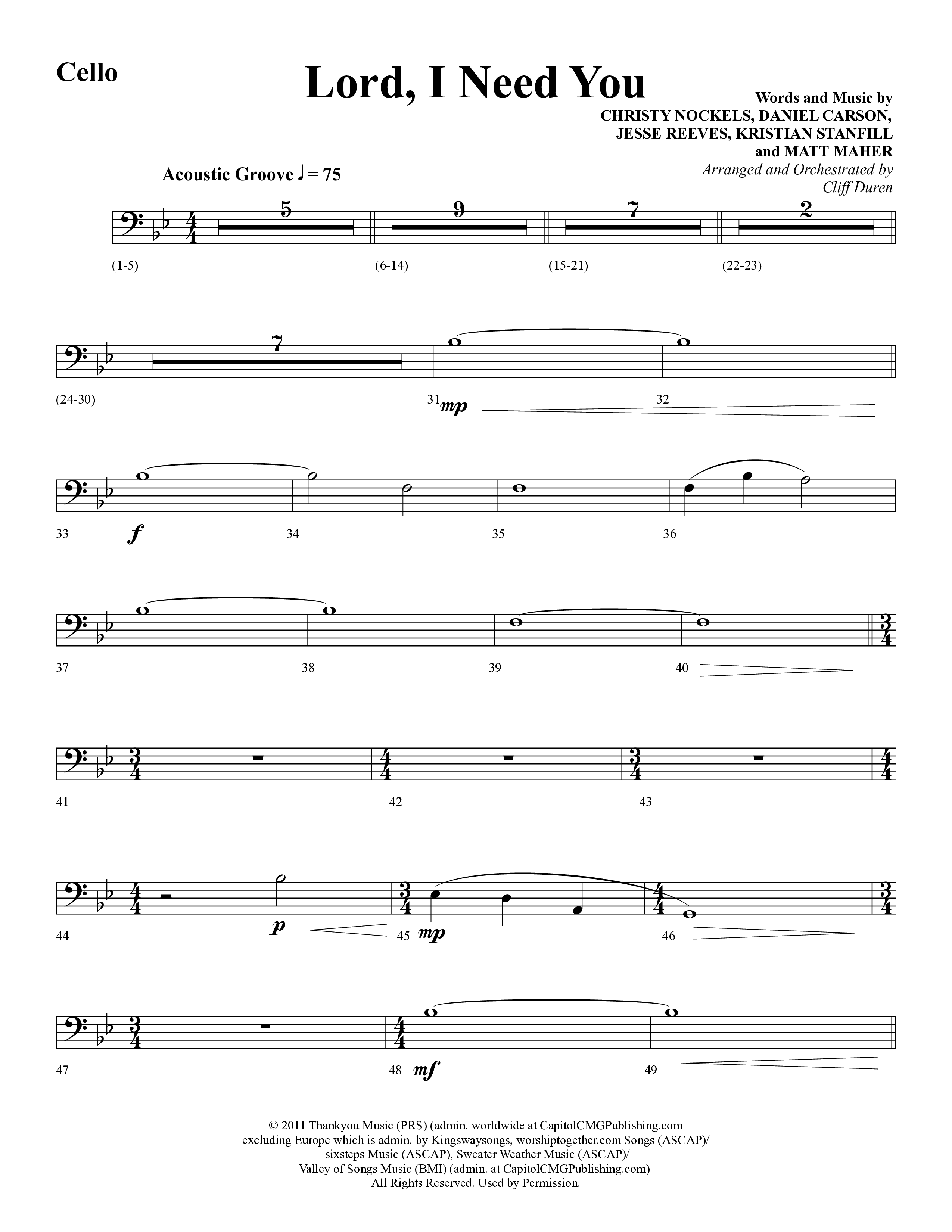 Lord I Need You (Choral Anthem SATB) Cello (Word Music Choral / Arr. Cliff Duren)