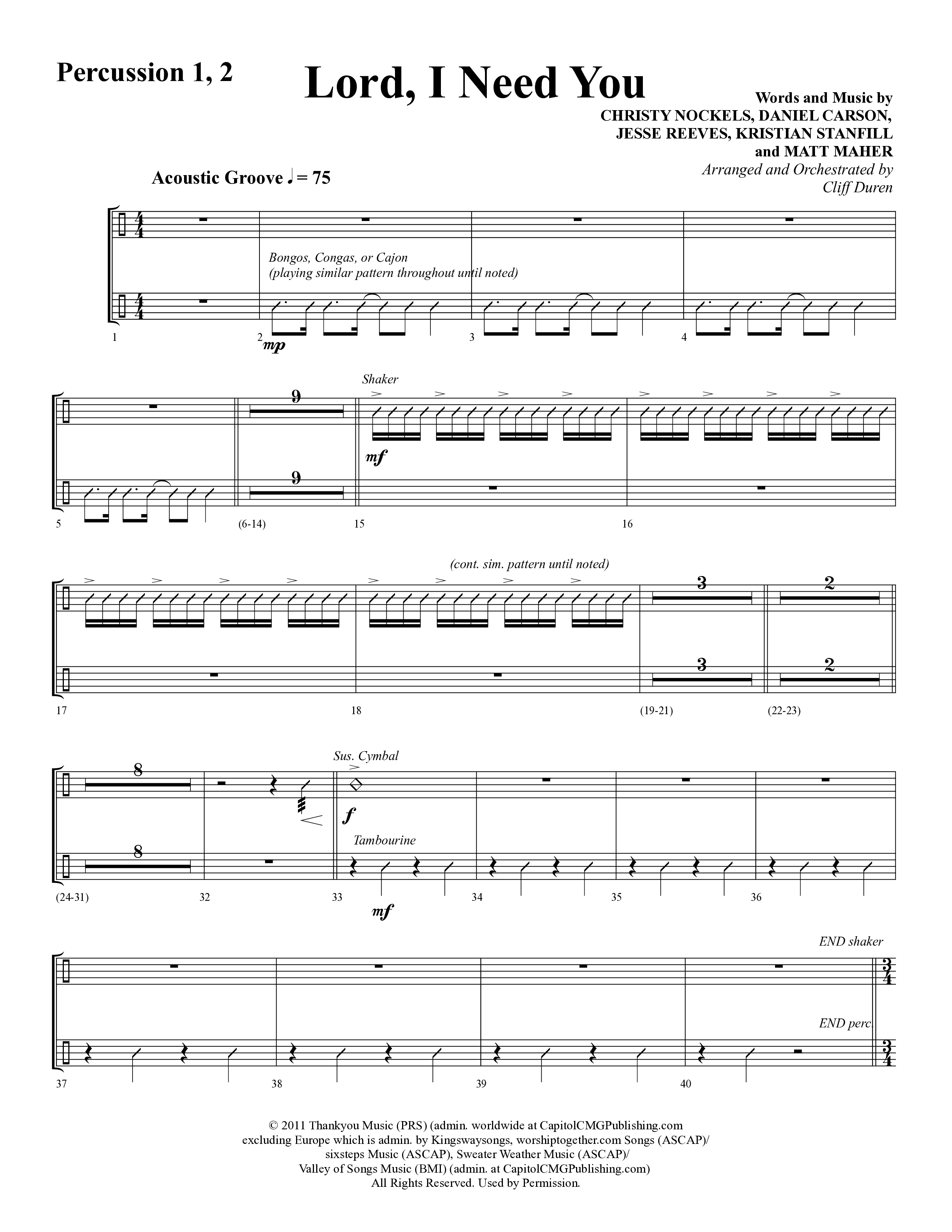 Lord I Need You (Choral Anthem SATB) Percussion 1/2 (Word Music Choral / Arr. Cliff Duren)