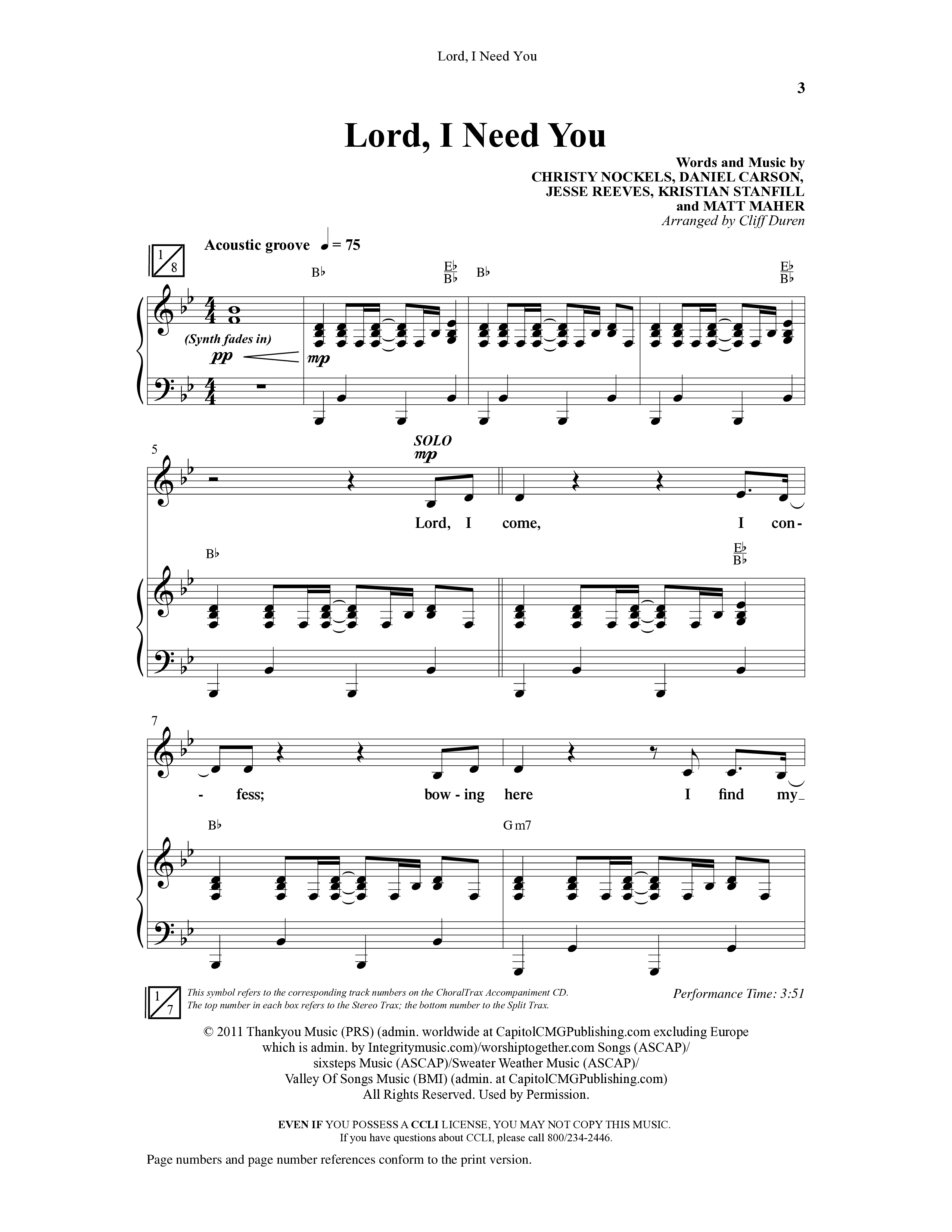 Lord I Need You (Choral Anthem SATB) Anthem (SATB/Piano) (Word Music Choral / Arr. Cliff Duren)