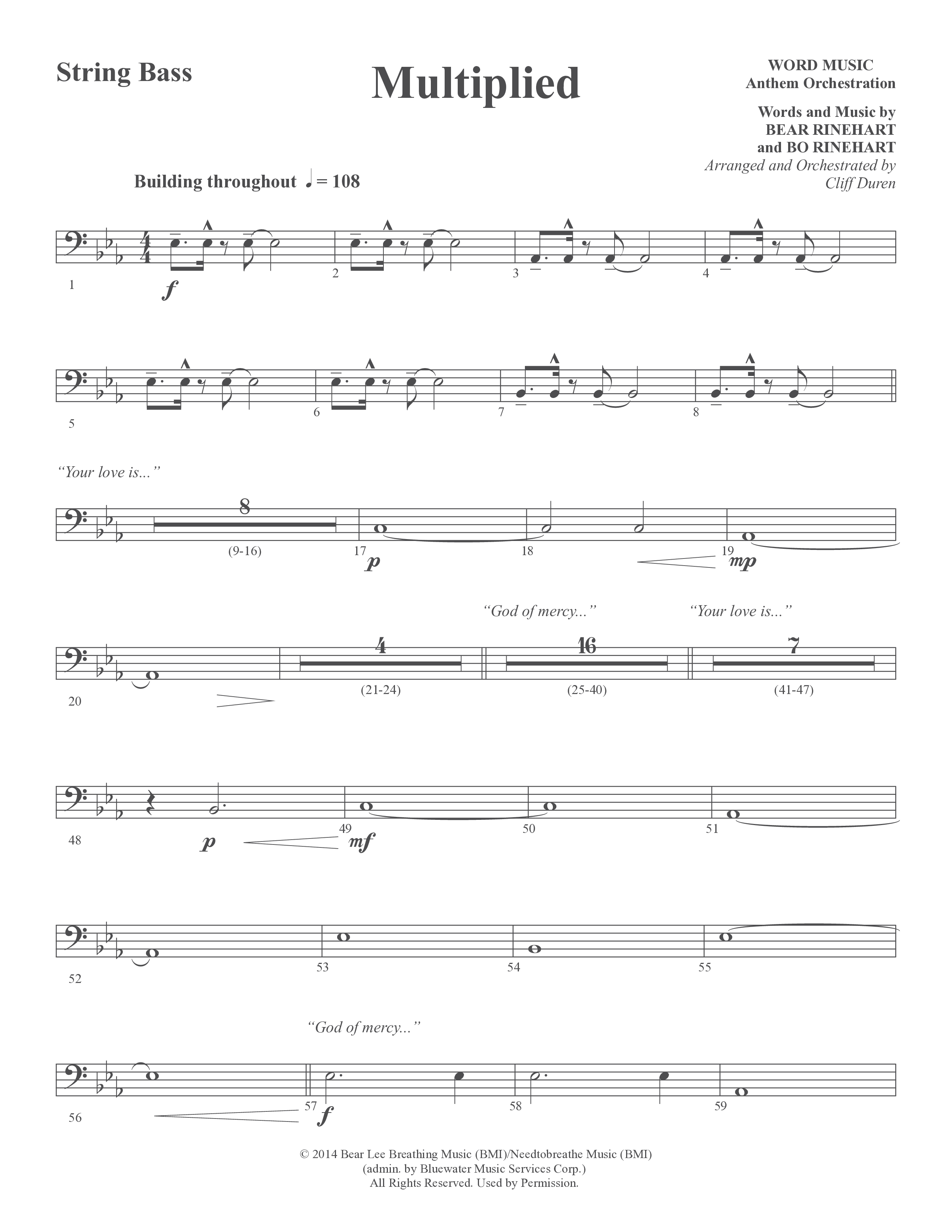 Multiplied (Choral Anthem SATB) String Bass (Word Music Choral / Arr. Cliff Duren)