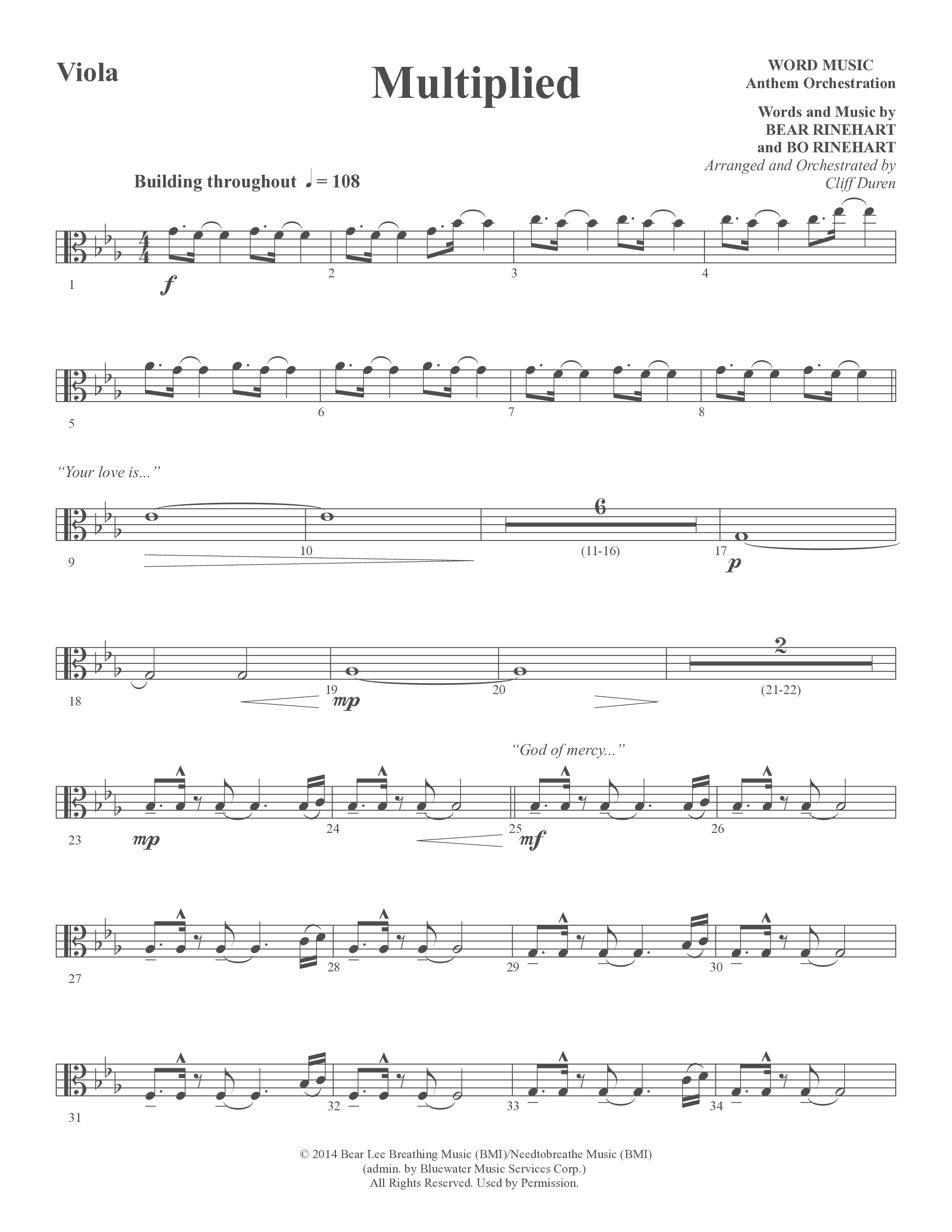 Multiplied (Choral Anthem SATB) Viola (Word Music Choral / Arr. Cliff Duren)