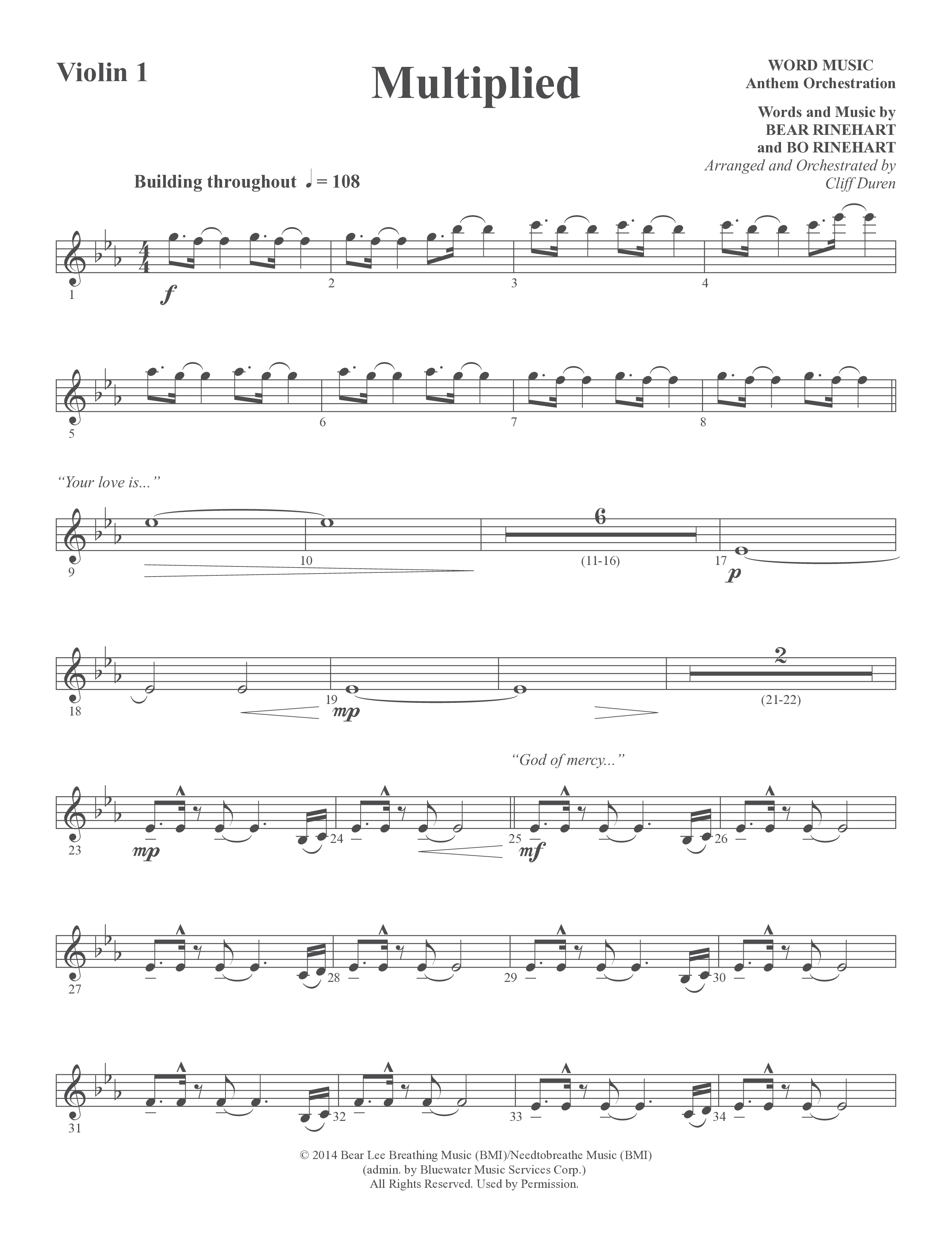 Multiplied (Choral Anthem SATB) Violin 1/2 (Word Music Choral / Arr. Cliff Duren)