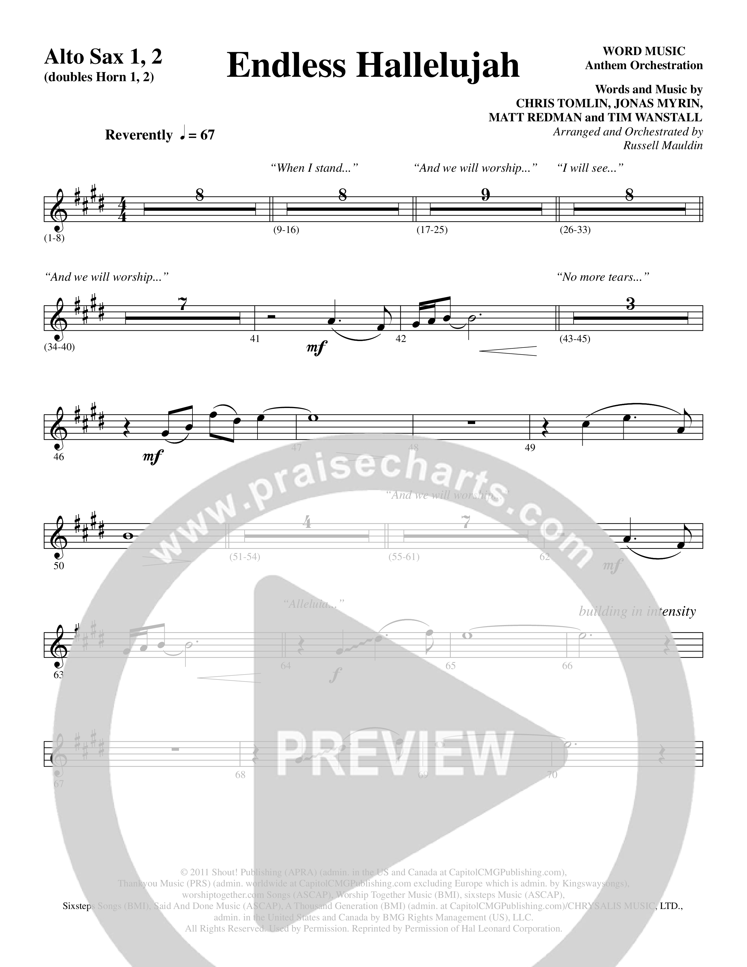 Endless Hallelujah (Choral Anthem SATB) Alto Sax 1/2 (Word Music Choral / Arr. Russell Mauldin)