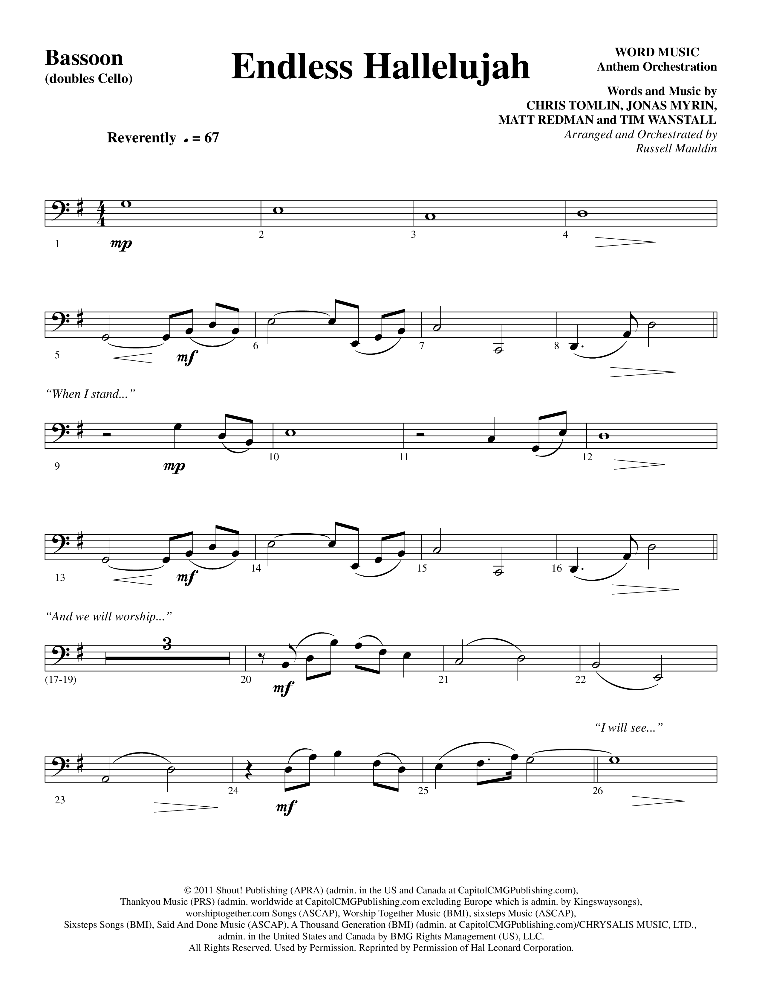 Endless Hallelujah (Choral Anthem SATB) Bassoon (Word Music Choral / Arr. Russell Mauldin)