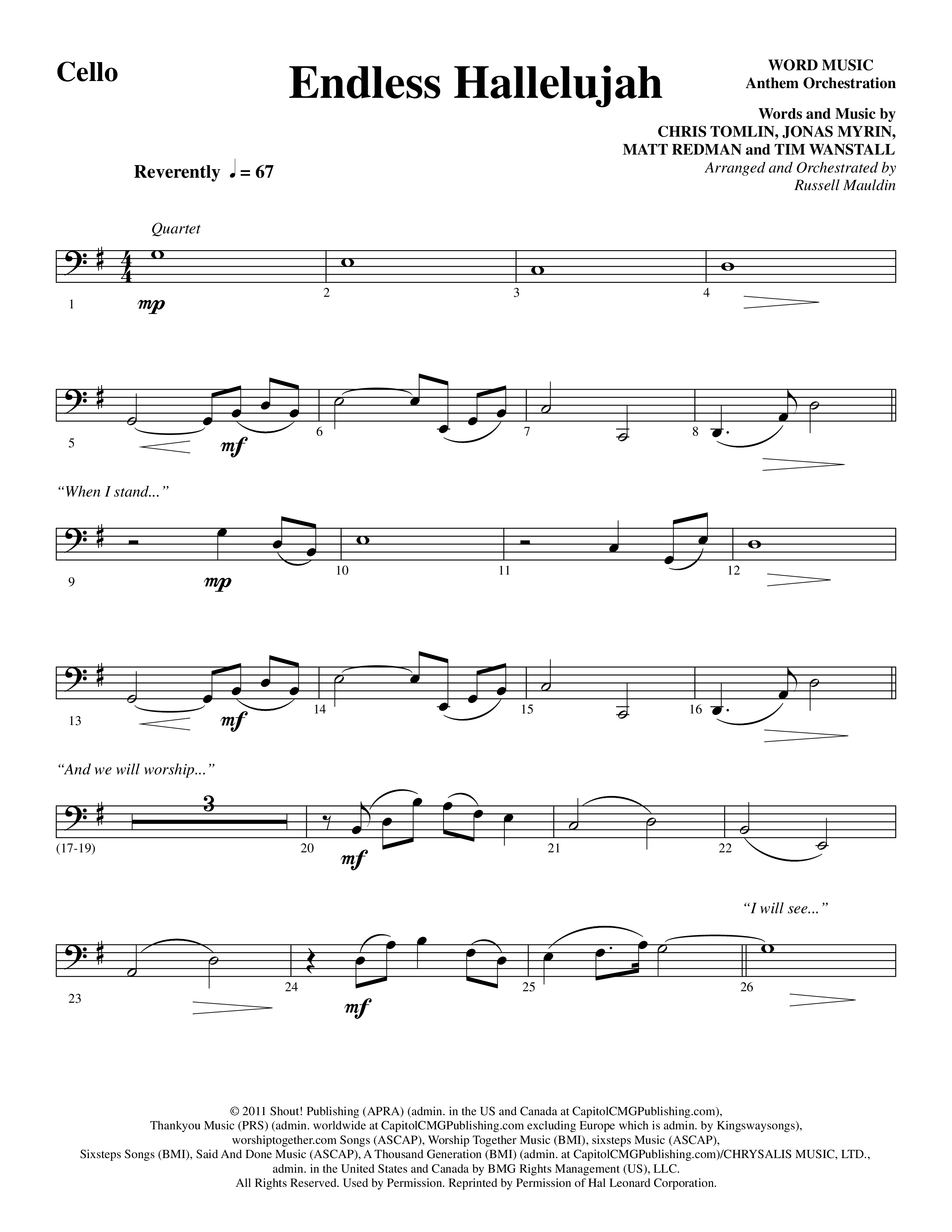Endless Hallelujah (Choral Anthem SATB) Cello (Word Music Choral / Arr. Russell Mauldin)