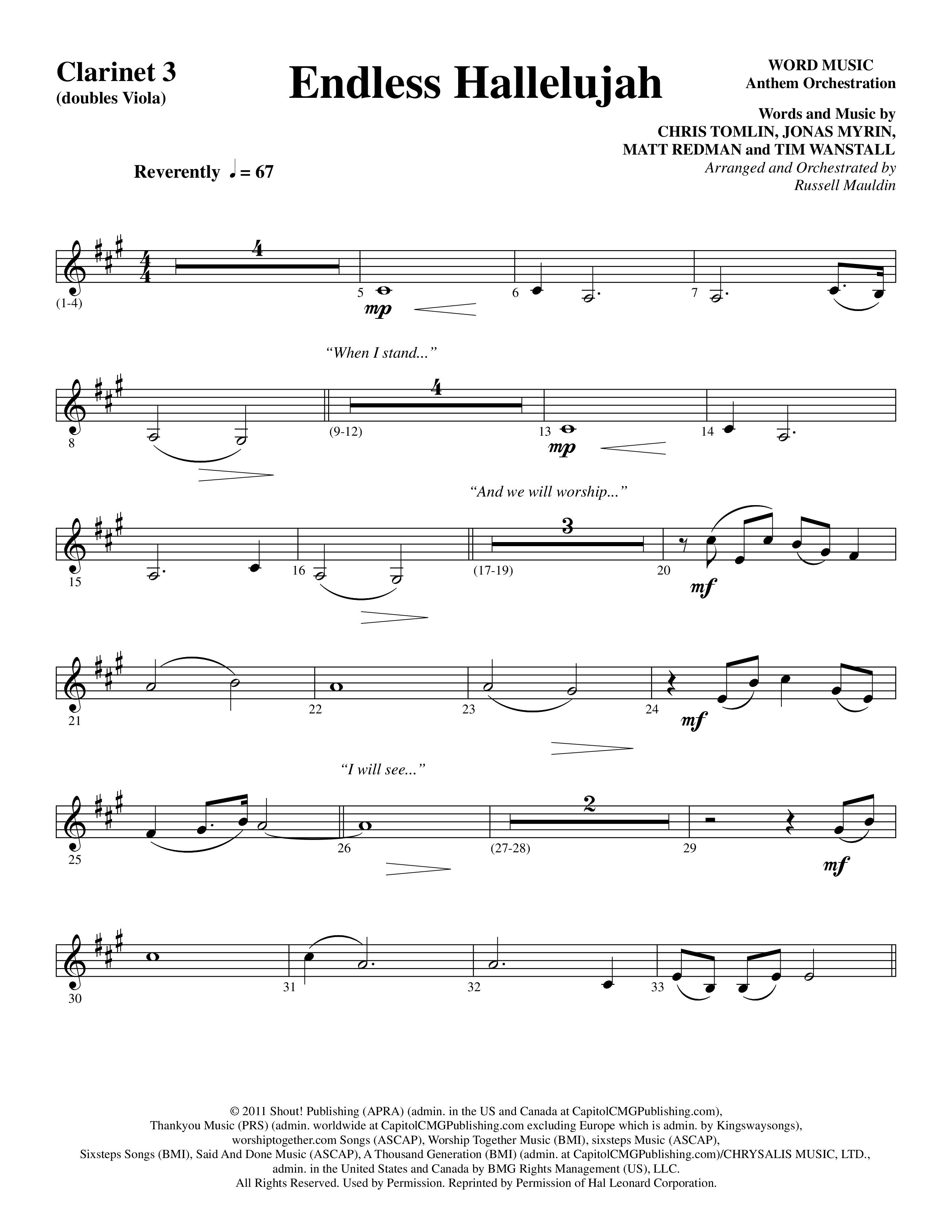 Endless Hallelujah (Choral Anthem SATB) Clarinet 3 (Word Music Choral / Arr. Russell Mauldin)