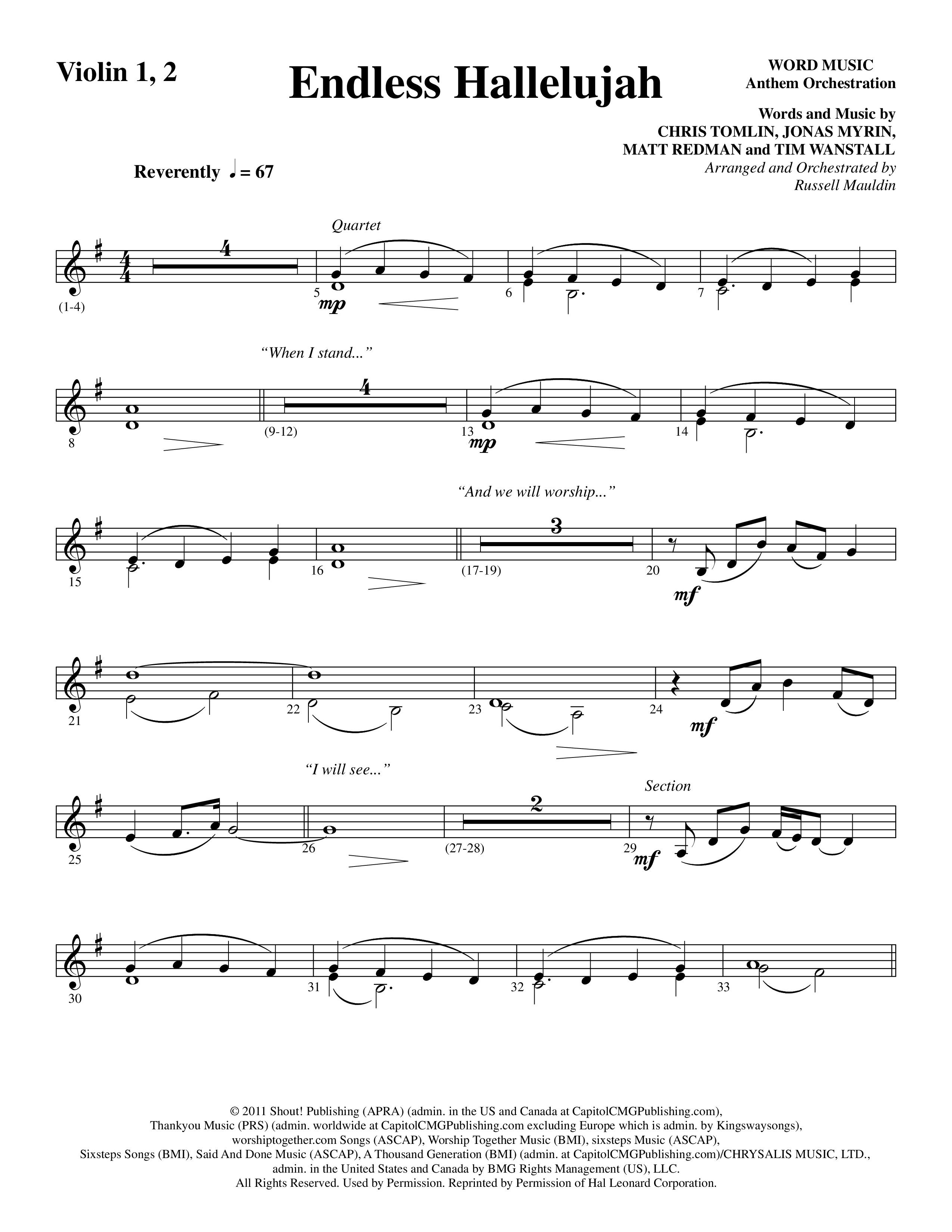 Endless Hallelujah (Choral Anthem SATB) Violin 1/2 (Word Music Choral / Arr. Russell Mauldin)