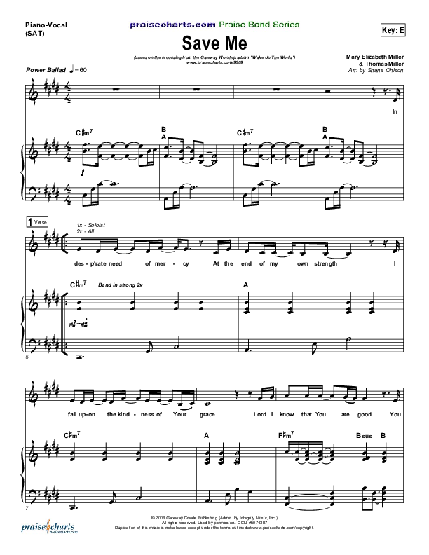Save Me Piano/Vocal (SAT) (Gateway Worship)