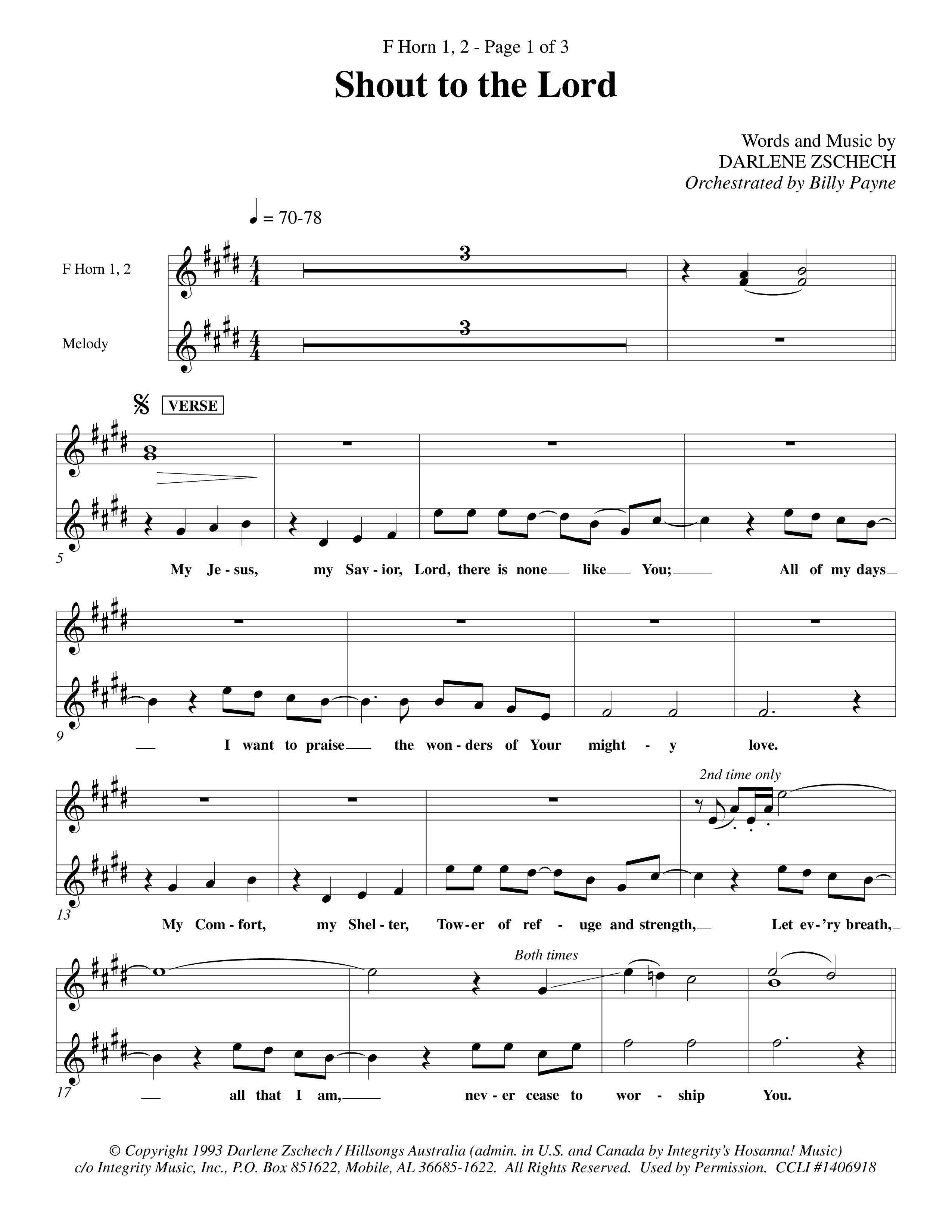 Shout To The Lord (Choral Anthem SATB) French Horn (Word Music Choral / Orch. Billy Payne)